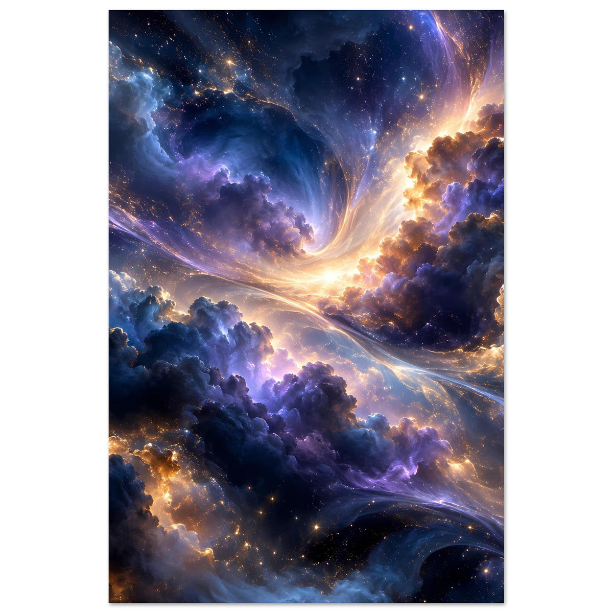 Galaxieposter auf Mattpapier: leuchtender Nebel, Sterne und kosmische Lichtbahnen