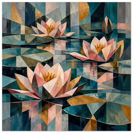 Blumenposter mit geometrischen Seerosen in Pastell- und Petrolfarben, mit Dreieckskacheln