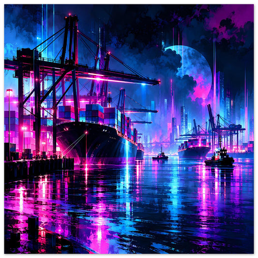 Poster Neon-Hafen-Nachtlandschaft im Hochformat: Container, Schiffe, leuchtender Himmel und Reflexionen