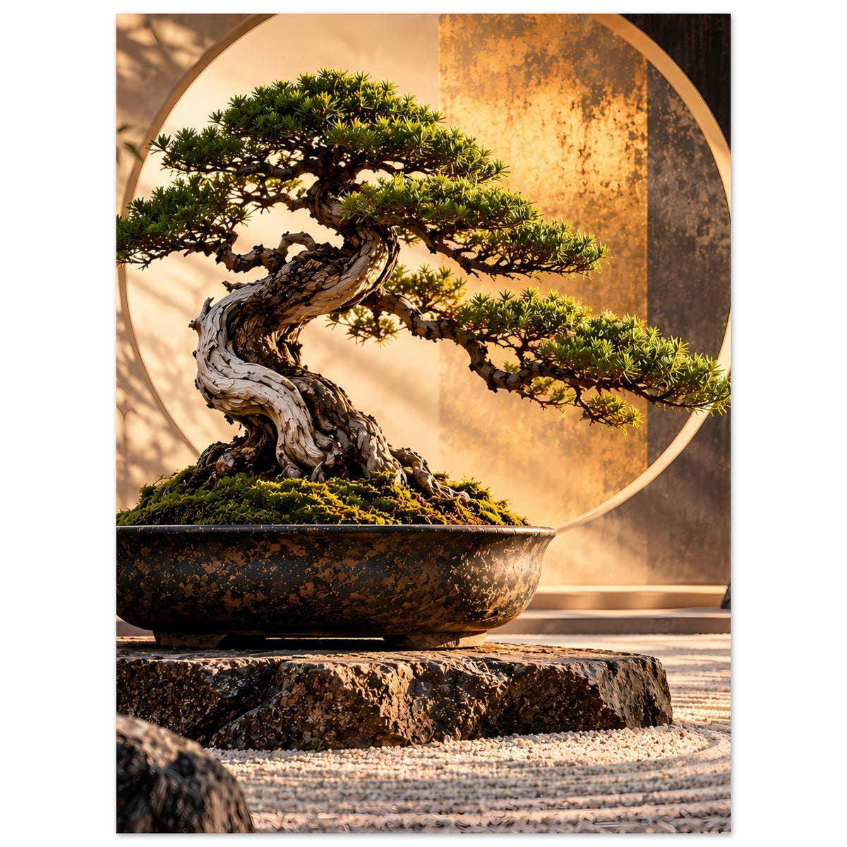 Poster im Hochformat: Bonsai in Schale über Steinsockel mit goldenem Kreis