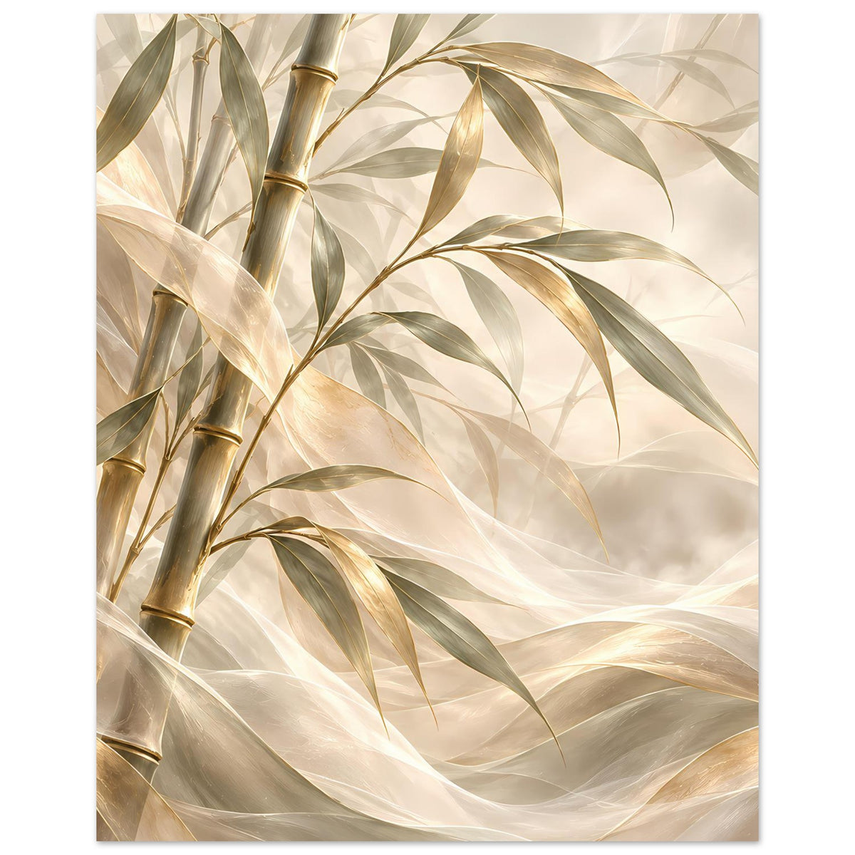 Bambus-Poster mit goldenen Bambusstangen, grünen Blattwedeln und elfenbeinfarbenem Hintergrund.