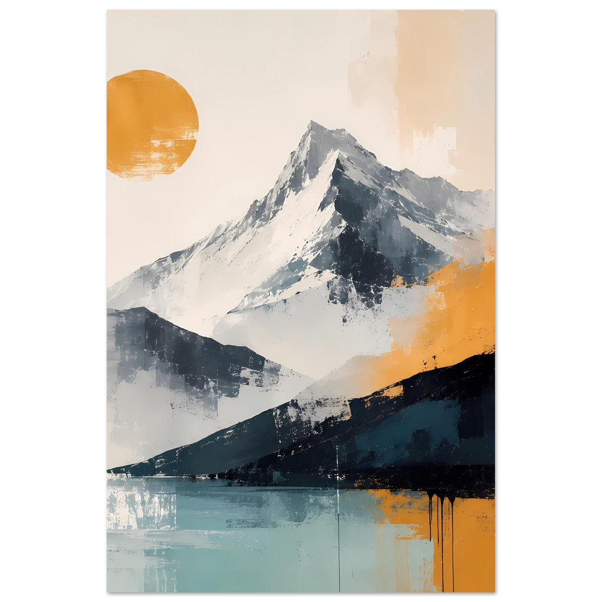 Abstrakter Berglandschaftsdruck mit Gipfel und blau-grauem Tal, warme Orange-Highlights, vertikal