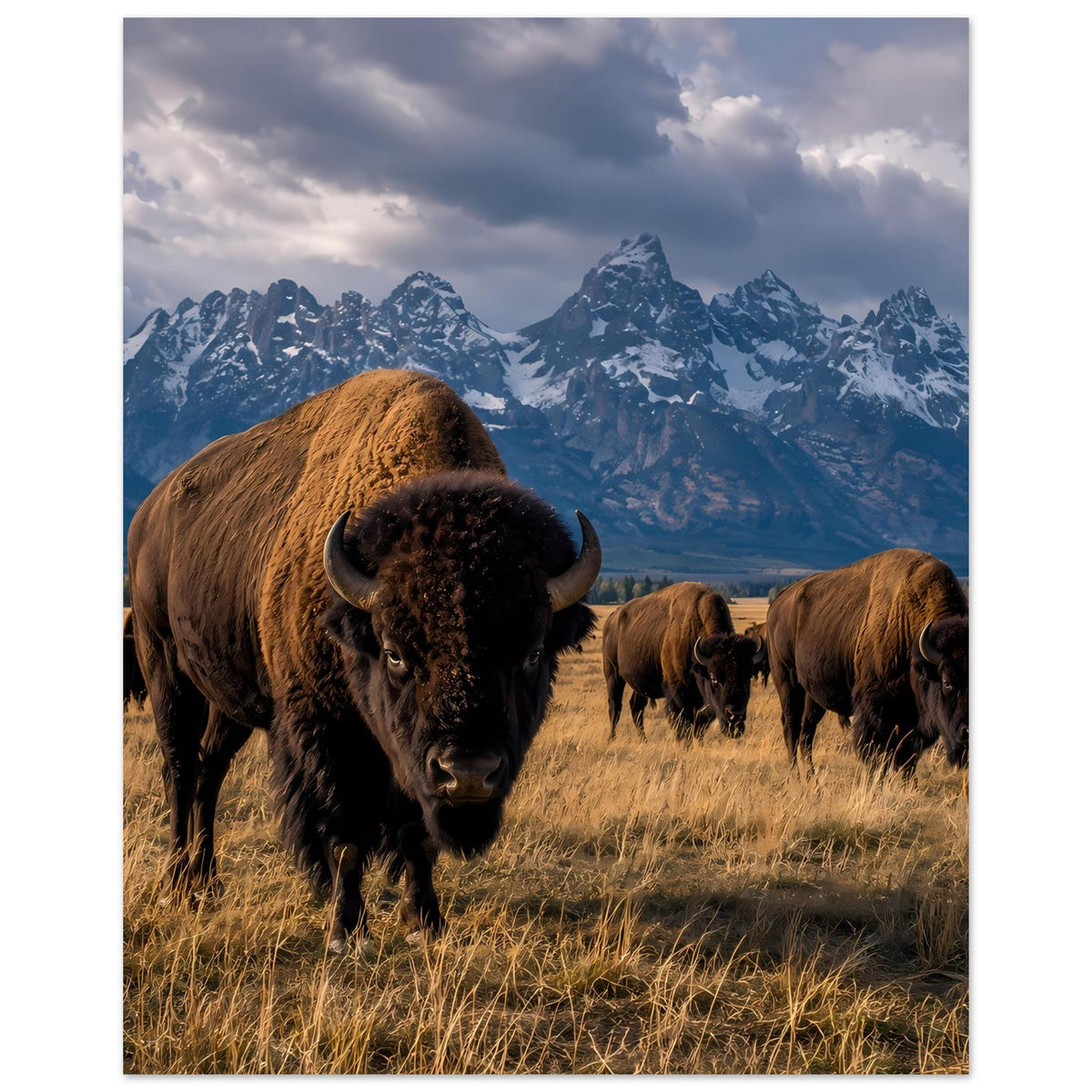Poster mit Bisonherde: Vorderbison blickt nach vorn, weitere Tiere seitlich