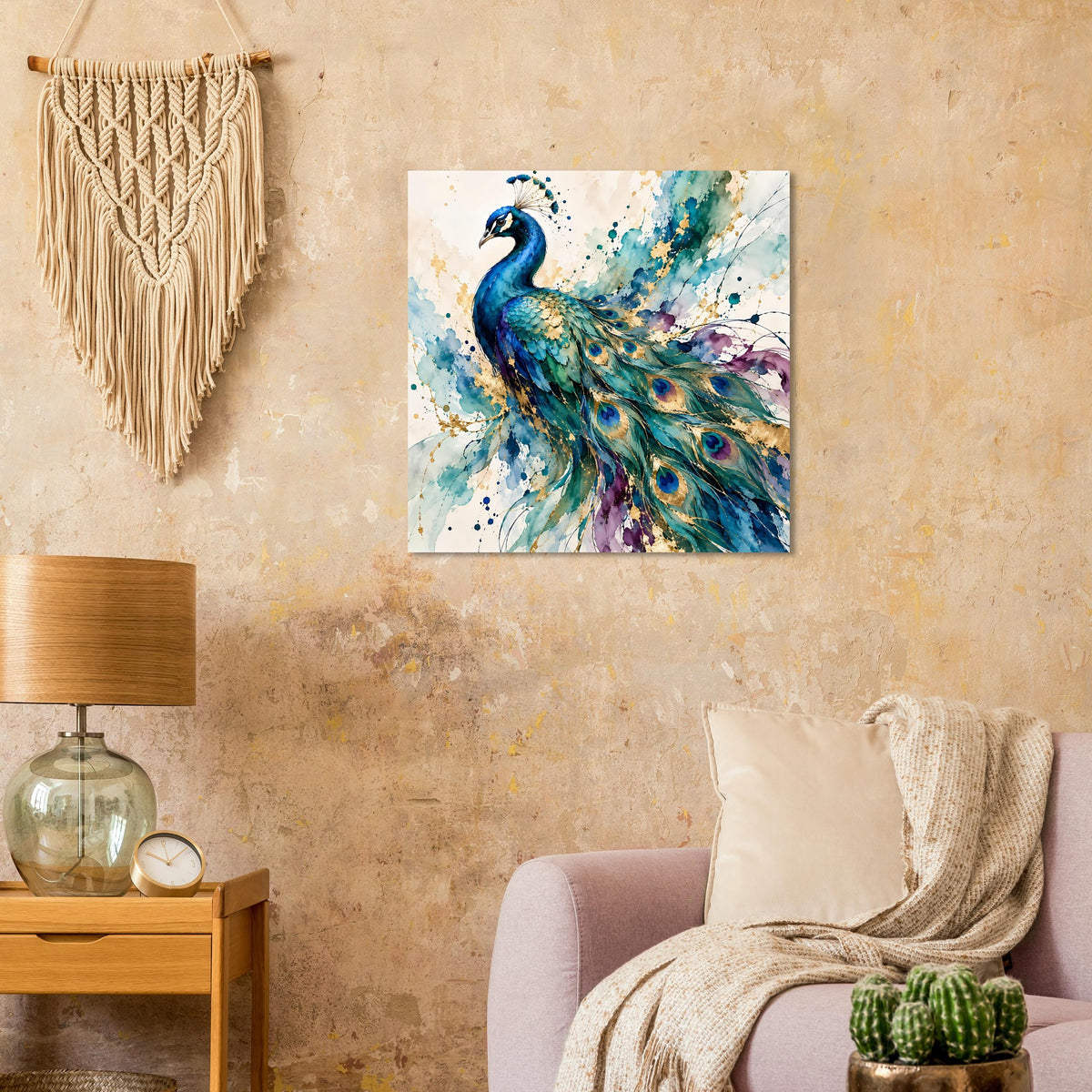 Aquarell-Poster: Pfau mit ausgebreiteten Federn in Blau, Grün und Gold mit violetten Spritzern