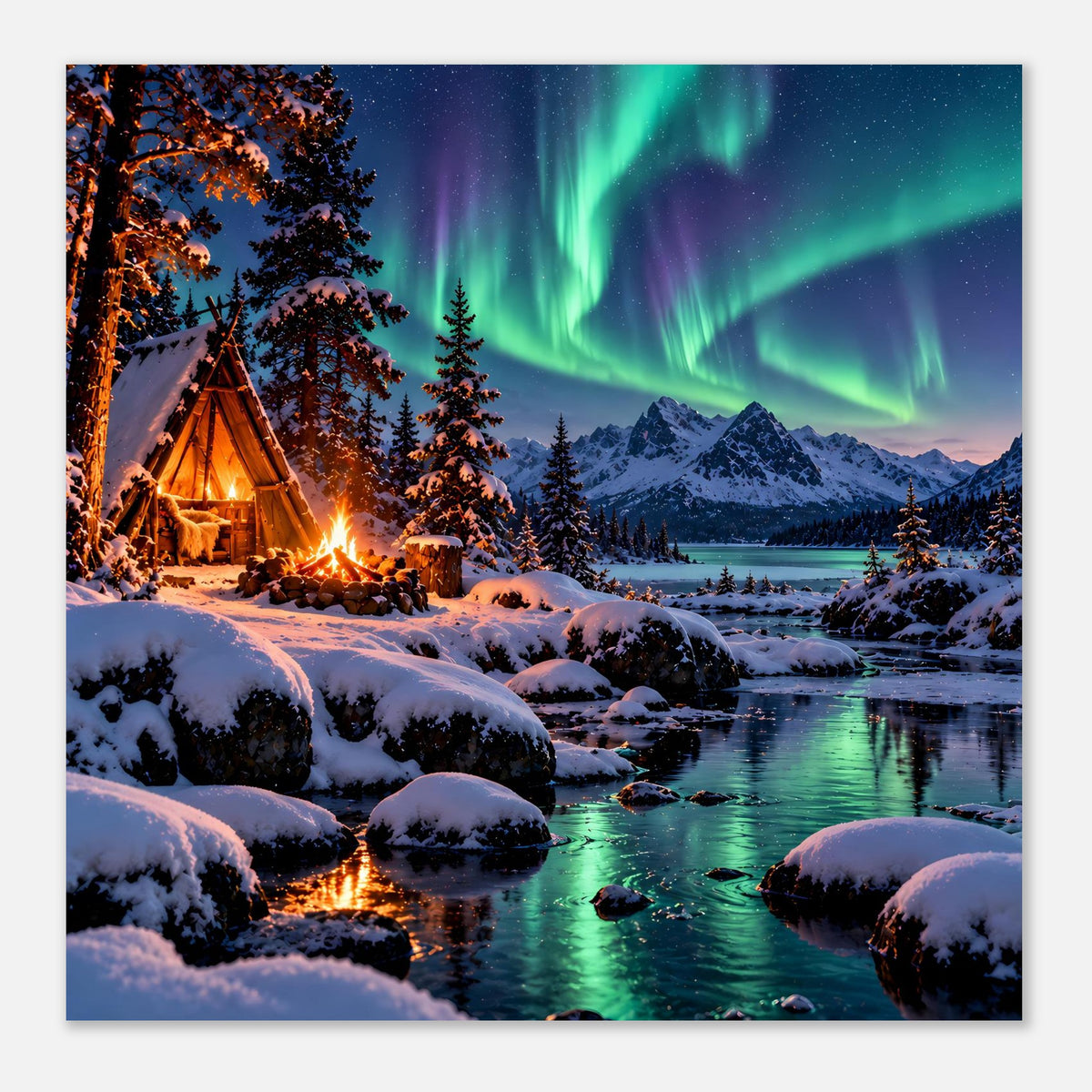 Kleines Winterlandschafts-Poster mit Polarlichtern, Feuerstelle und schneebedecktem Ufer am Fluss