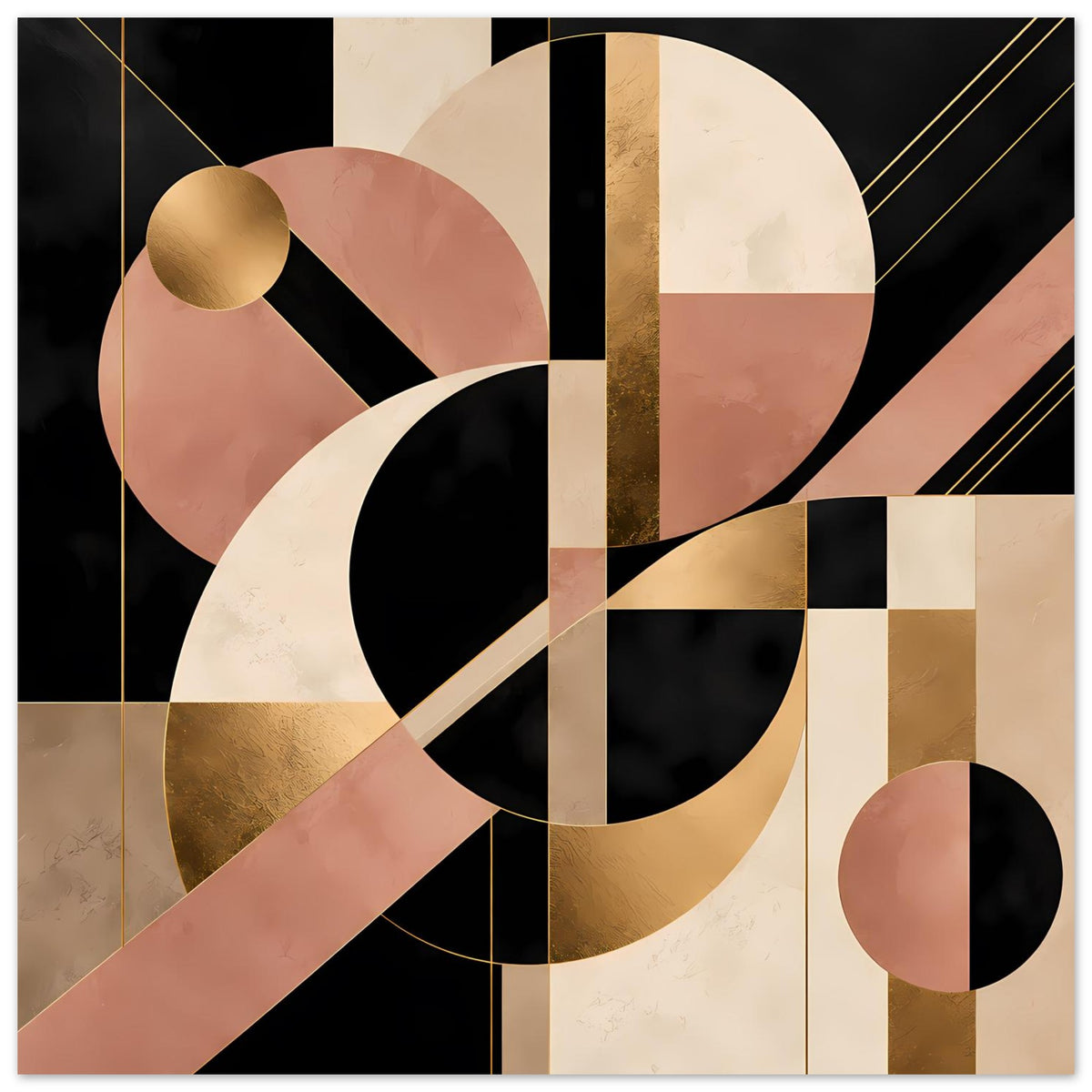 Abstraktes Poster im Art-Deco-Stil mit Goldlinien, Kreisen und Rechtecken in Schwarz und Blush.