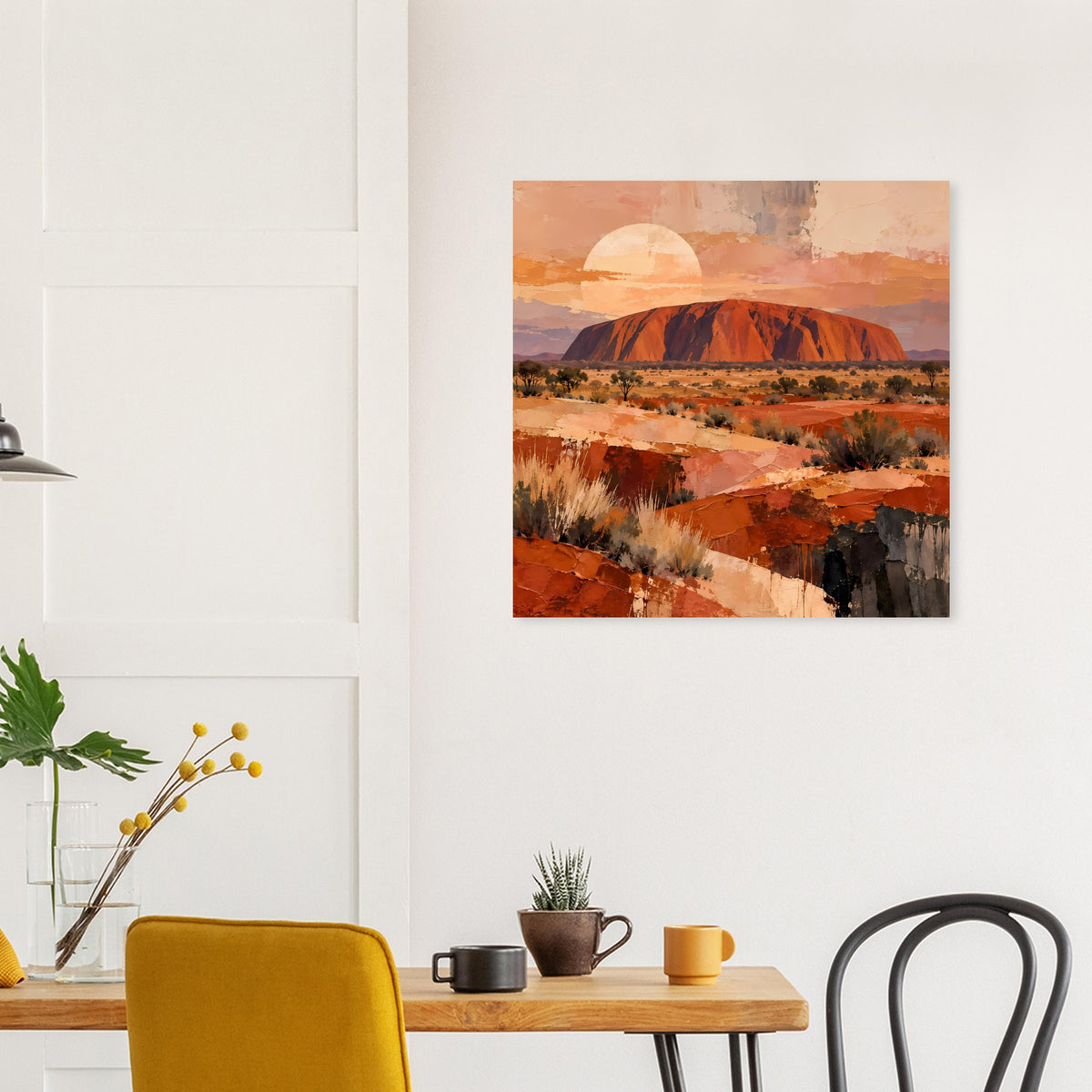 Wüstenlandschafts-Poster mit Uluru, warmen Erdtönen und Buschwerk, quadratisch