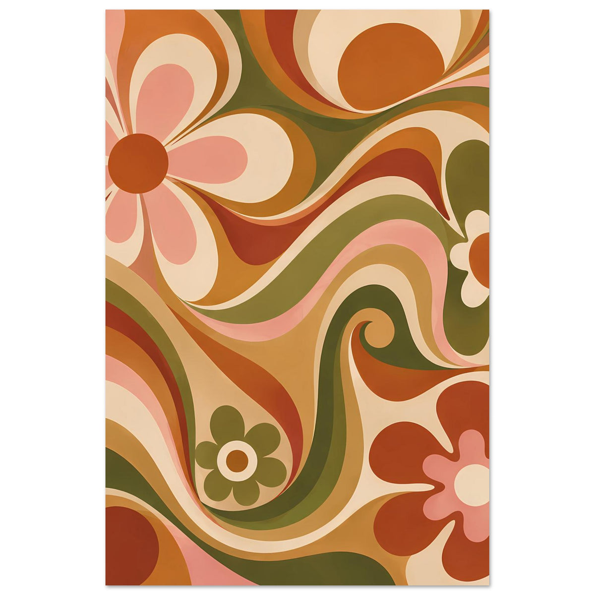 Florales Poster im Hochformat mit stilisierten Blüten und geschwungenen Wellen in Warmtönen