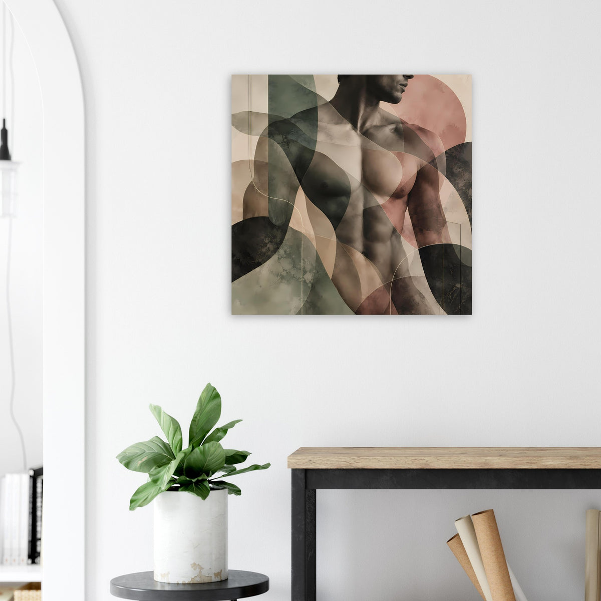 Quadratischer Kunstdruck mit abstrakter Aktfigur in dunklem Grün und warmem Braun