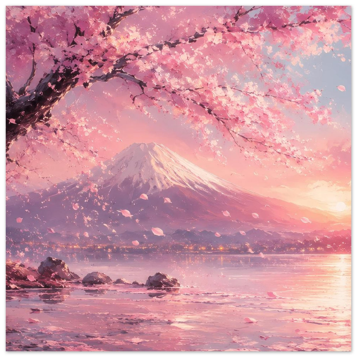 Poster mit Kirschblüten über Fuji-Berg, rosafarbenem Wasser und Abendhimmel