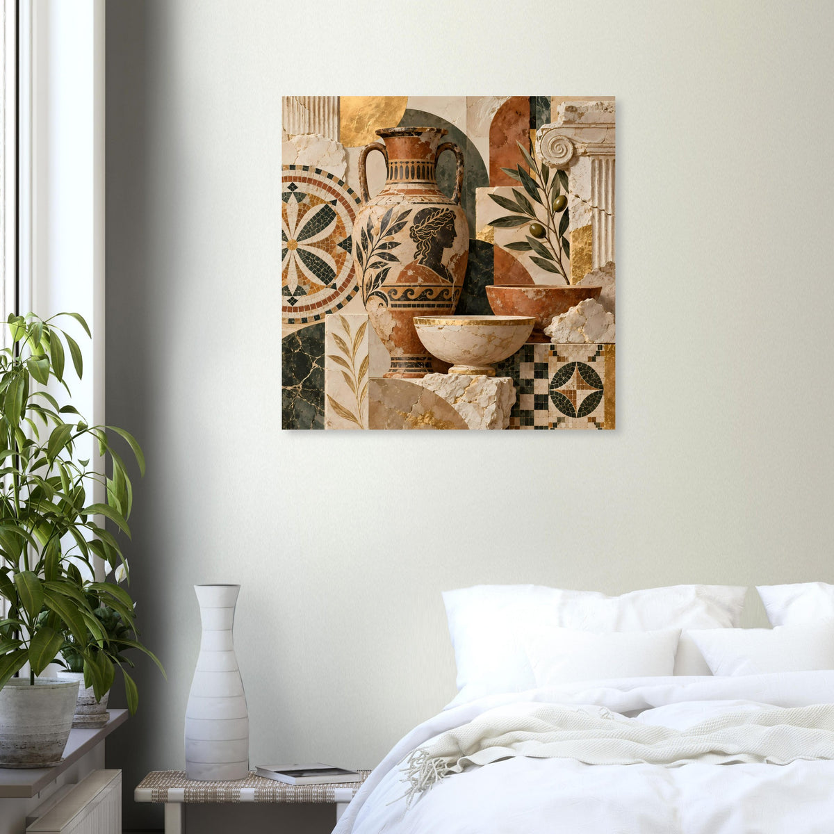 Quadratisches Poster mit detaillierten Keramikgefäßen, Blättern und mediterranen Ornamenten