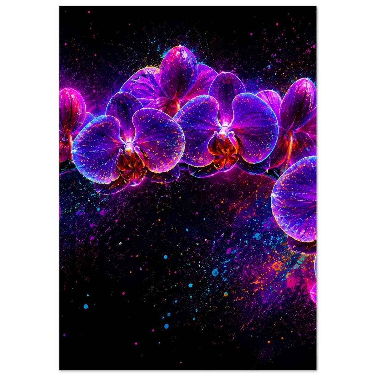 Neon-Orchideen-Poster mit zentraler leuchtender Orchidee in Pink und Violett