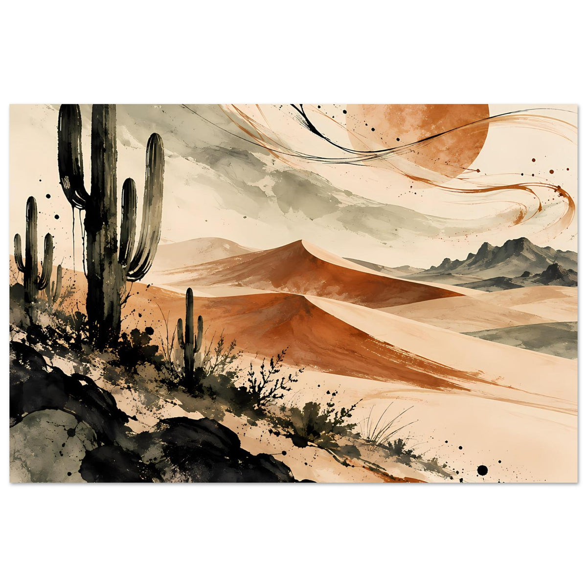 Wüstenlandschafts-Poster, horizontales Wüstenbild mit Kakteen, Dünenkämmen und Mond