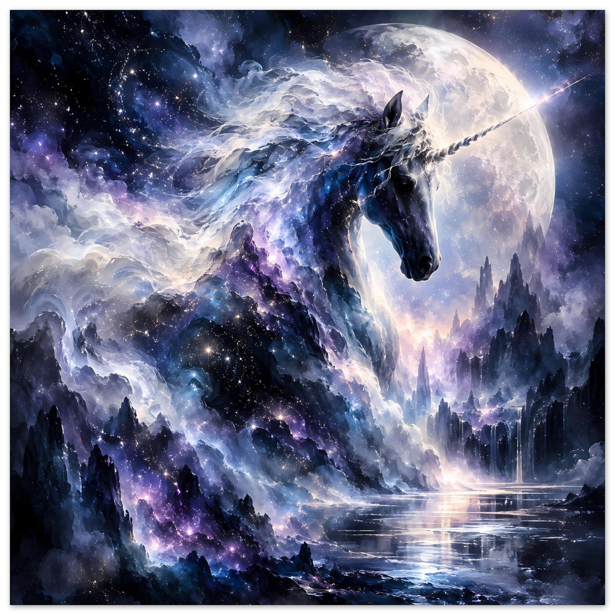 Galaktisches Einhorn-Poster mit Sternen, Mond und hohen Türmen, violett-blaue Farbflächen