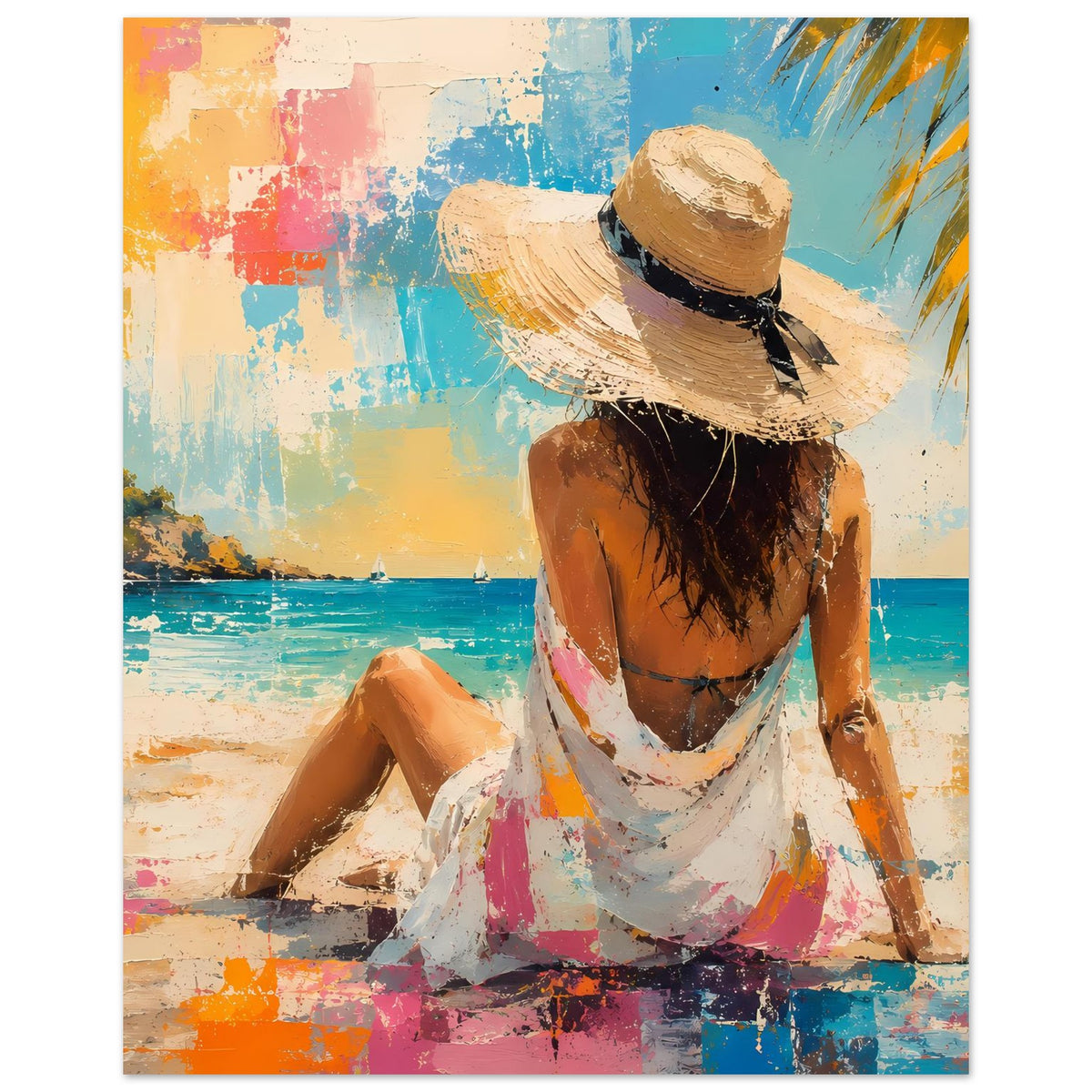 Sommerposter mit Frau im Strohhut und weißem Kleid, Blick von hinten, am Strand sitzend