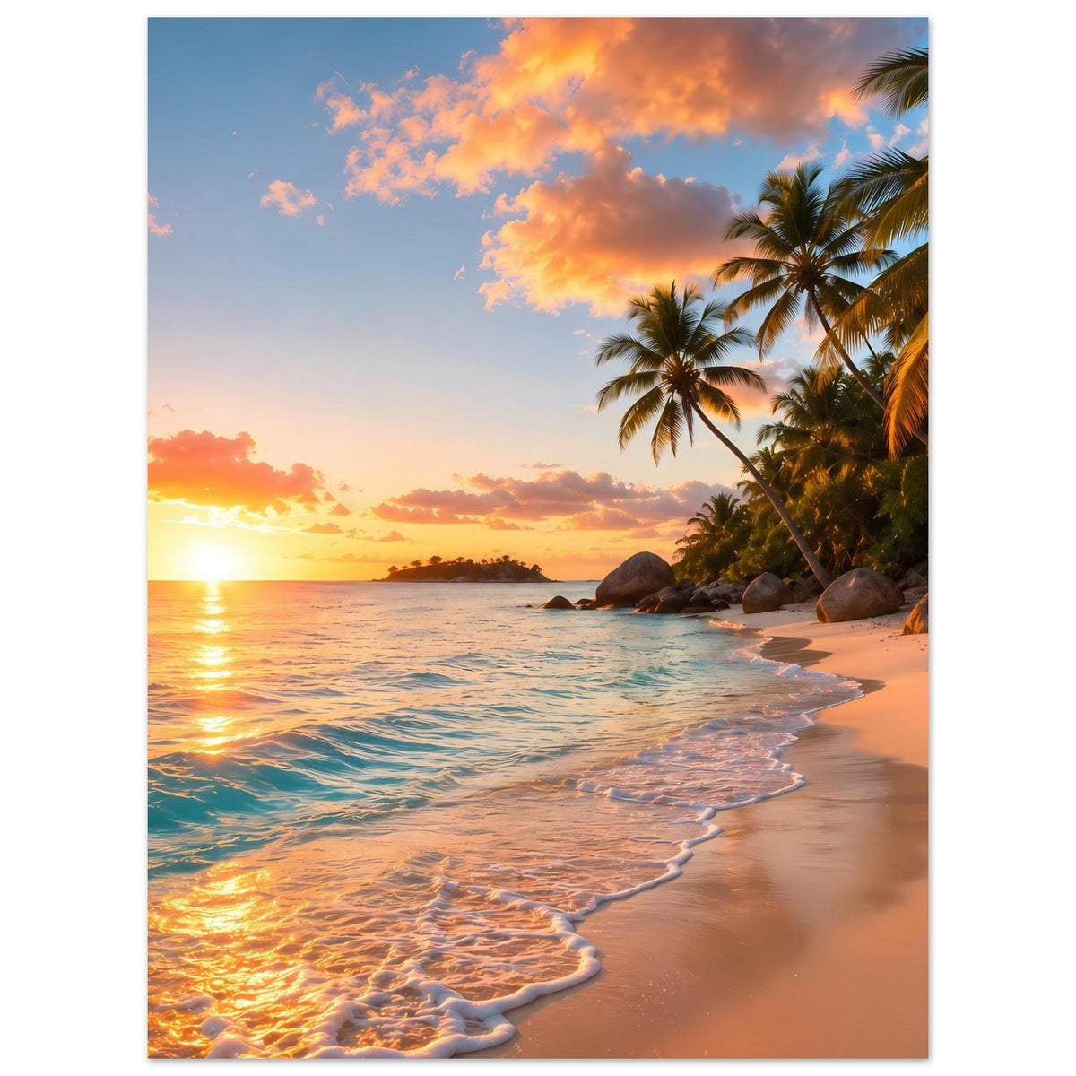 Tropisches Strand-Sonnenuntergangs-Poster mit Palmen, Meer und Sandstrand im Hochformat