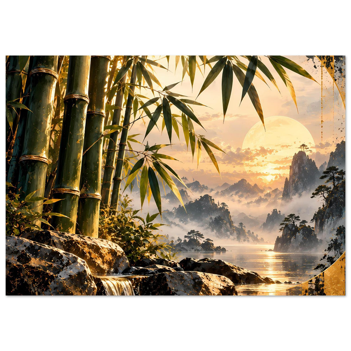 Rechteckiges Poster mit Bambus links, Wasserfall und goldenem Himmel über ruhigem See.