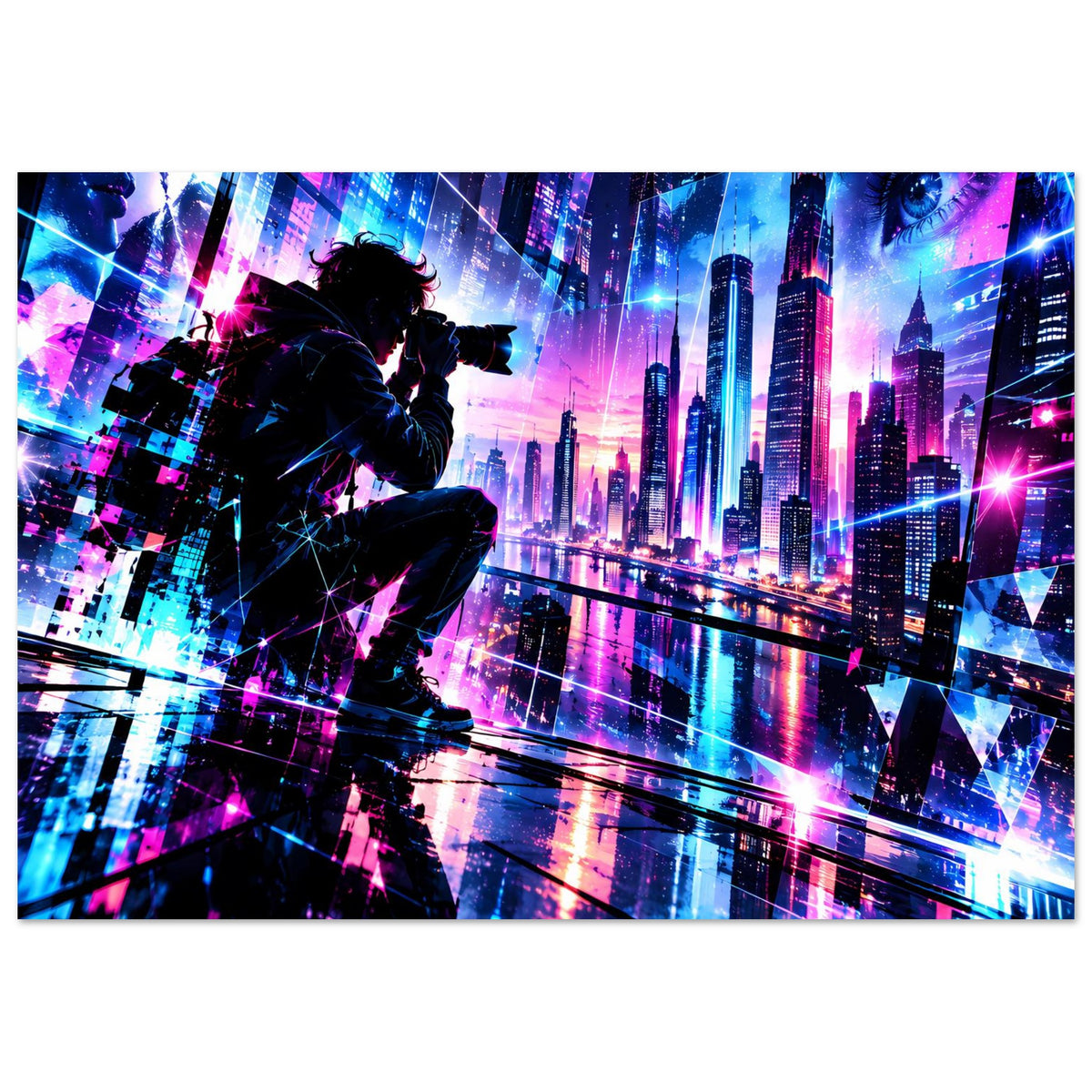 Neon-Cyberpunk-Stadtposter mit Schützen-Silhouette und leuchtenden Wolkenkratzern