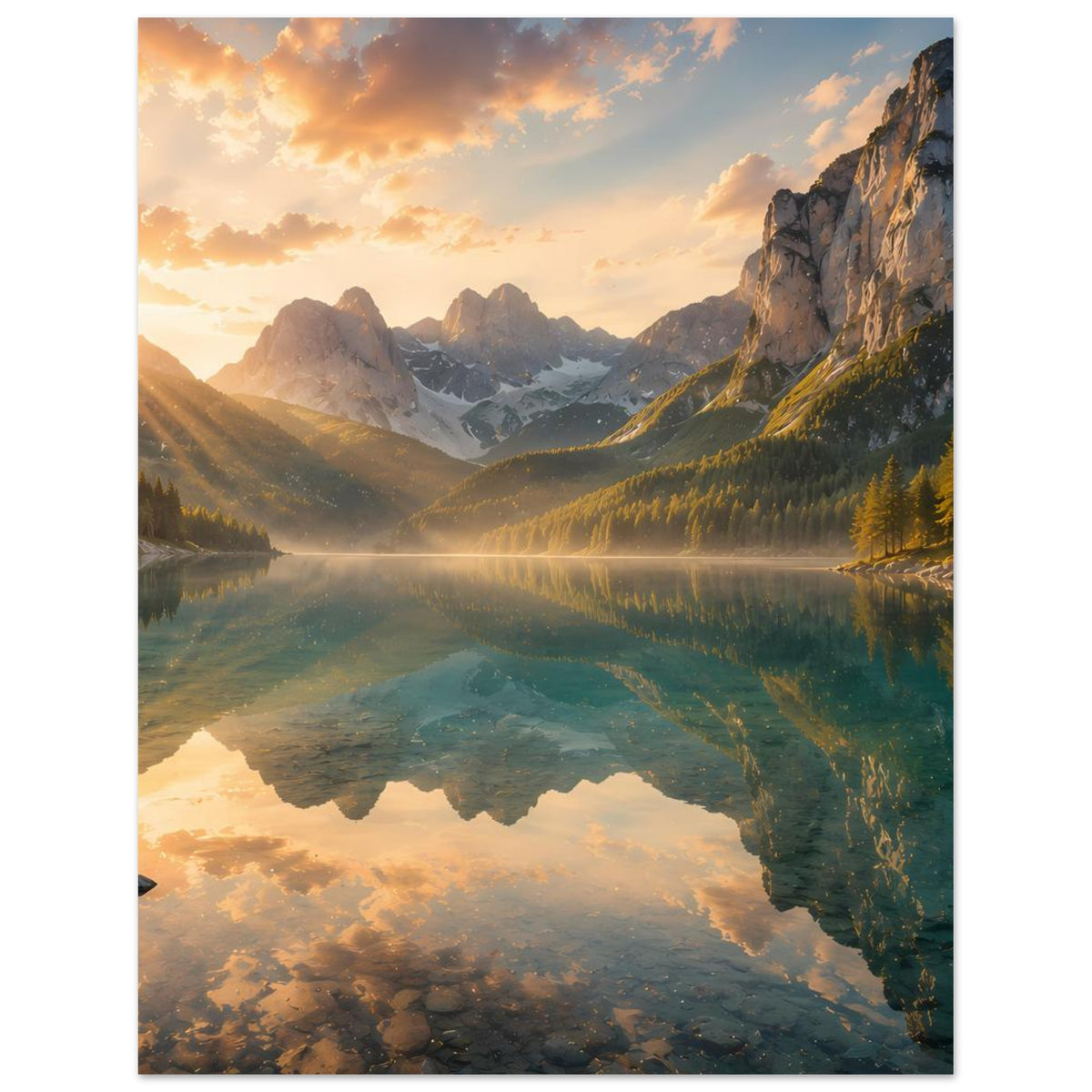 Wandposter im Hochformat: Bergsee bei goldenem Licht, Berge, Nadelwald am Ufer