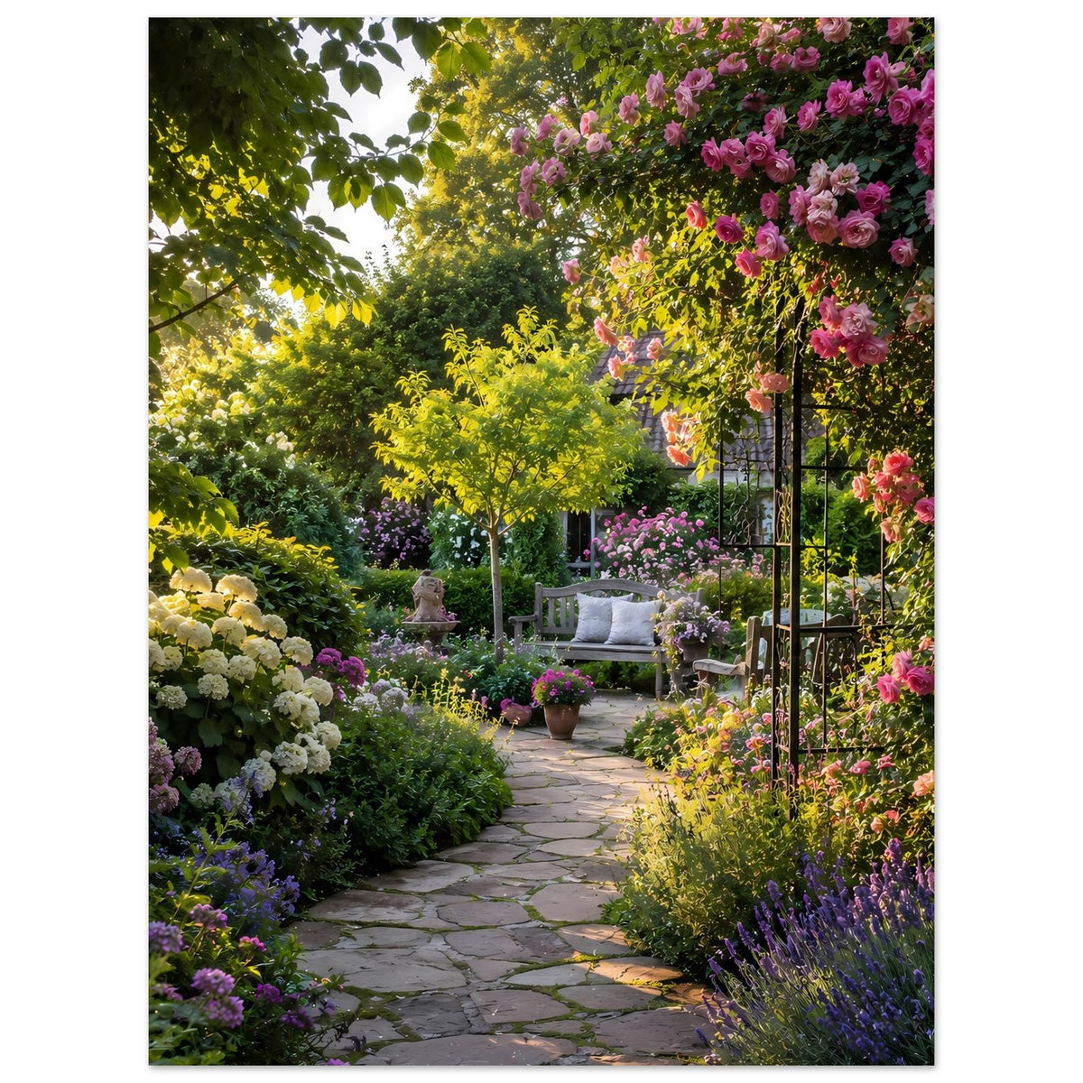 Poster Hochformat mit Gartenweg aus Natursteinen und bunten Blütenbeeten, gelber Baum im Hintergrund