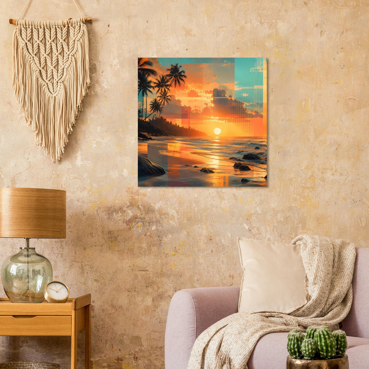 Poster mit Strandsonne, Palmen und orangefarbenem Himmel über dem Meer