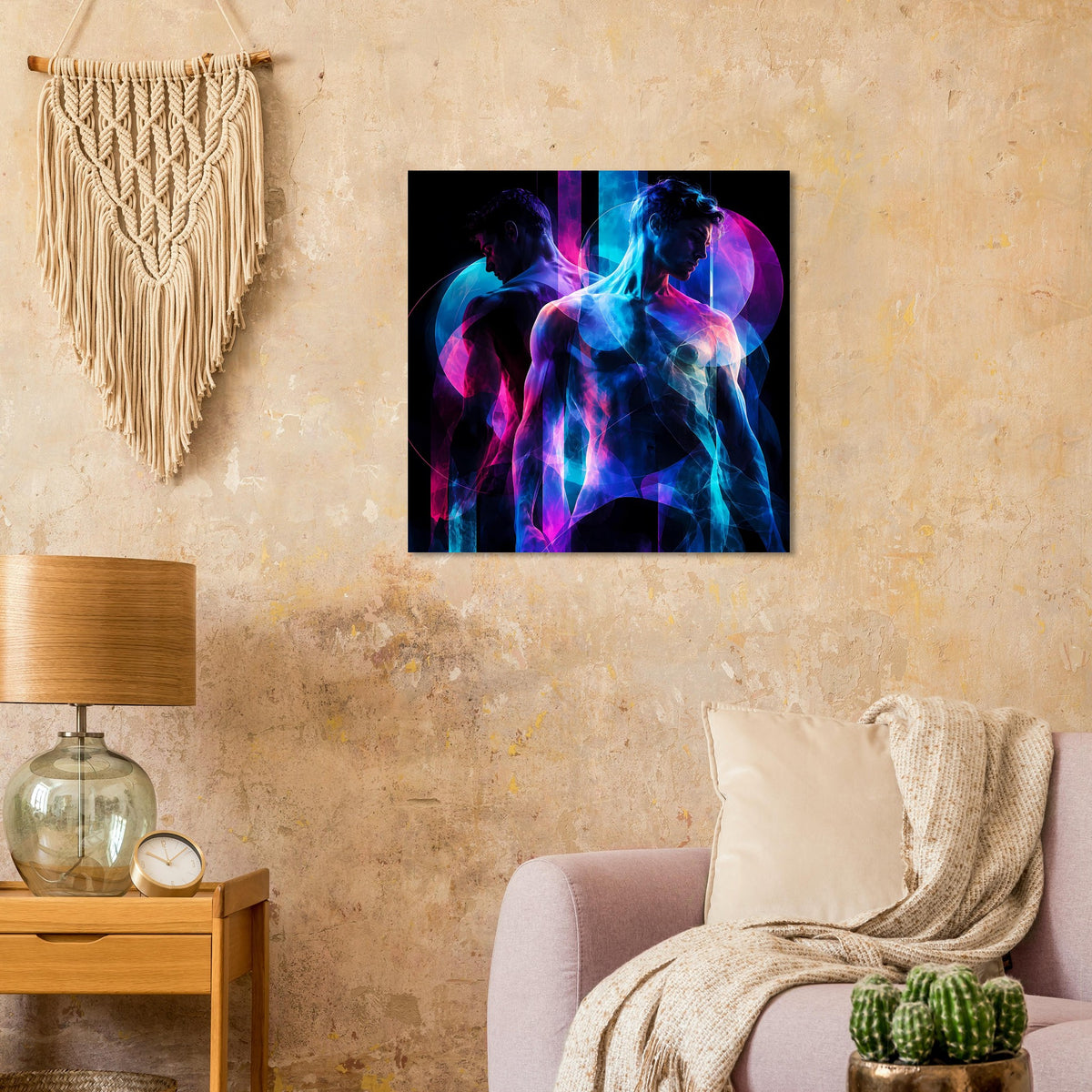 Kunstposter mit leuchtenden Neonlinien: zwei Figuren in Blau und Pink auf schwarzem Hintergrund