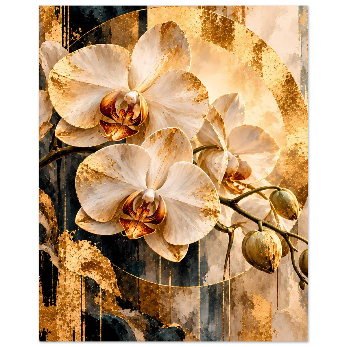 Orchideen-Kunstposter: cremefarbene Orchideenblüten mit goldener Ornamentik und Zweigen