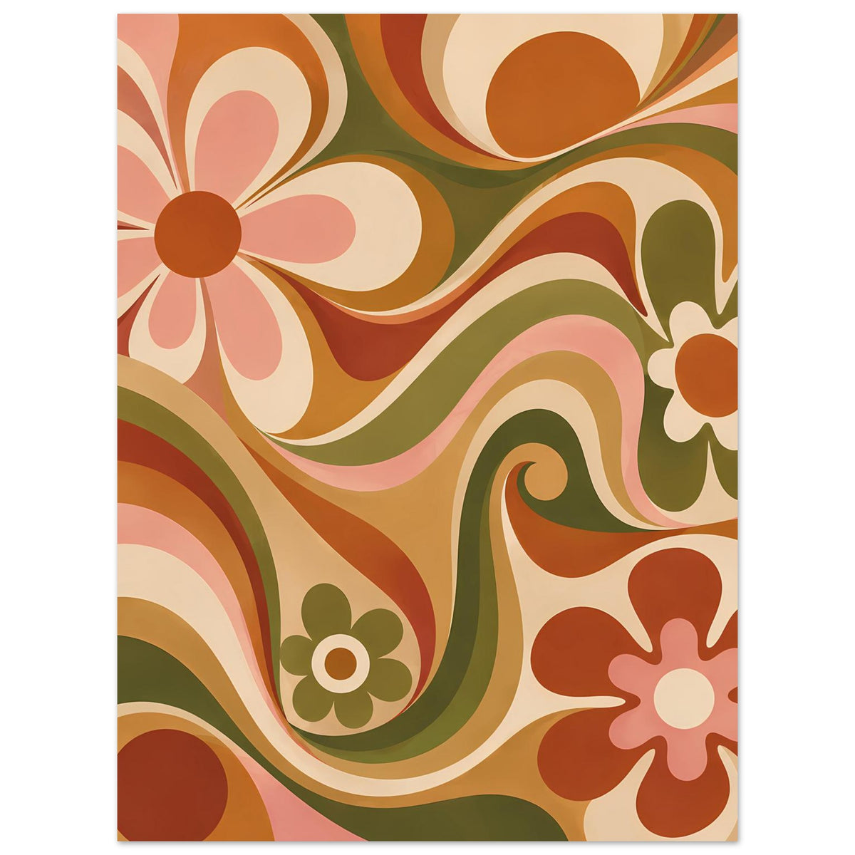 Florales Retro-Poster im Hochformat mit Blütenwirbeln in warmen Orange- und Grüntönen