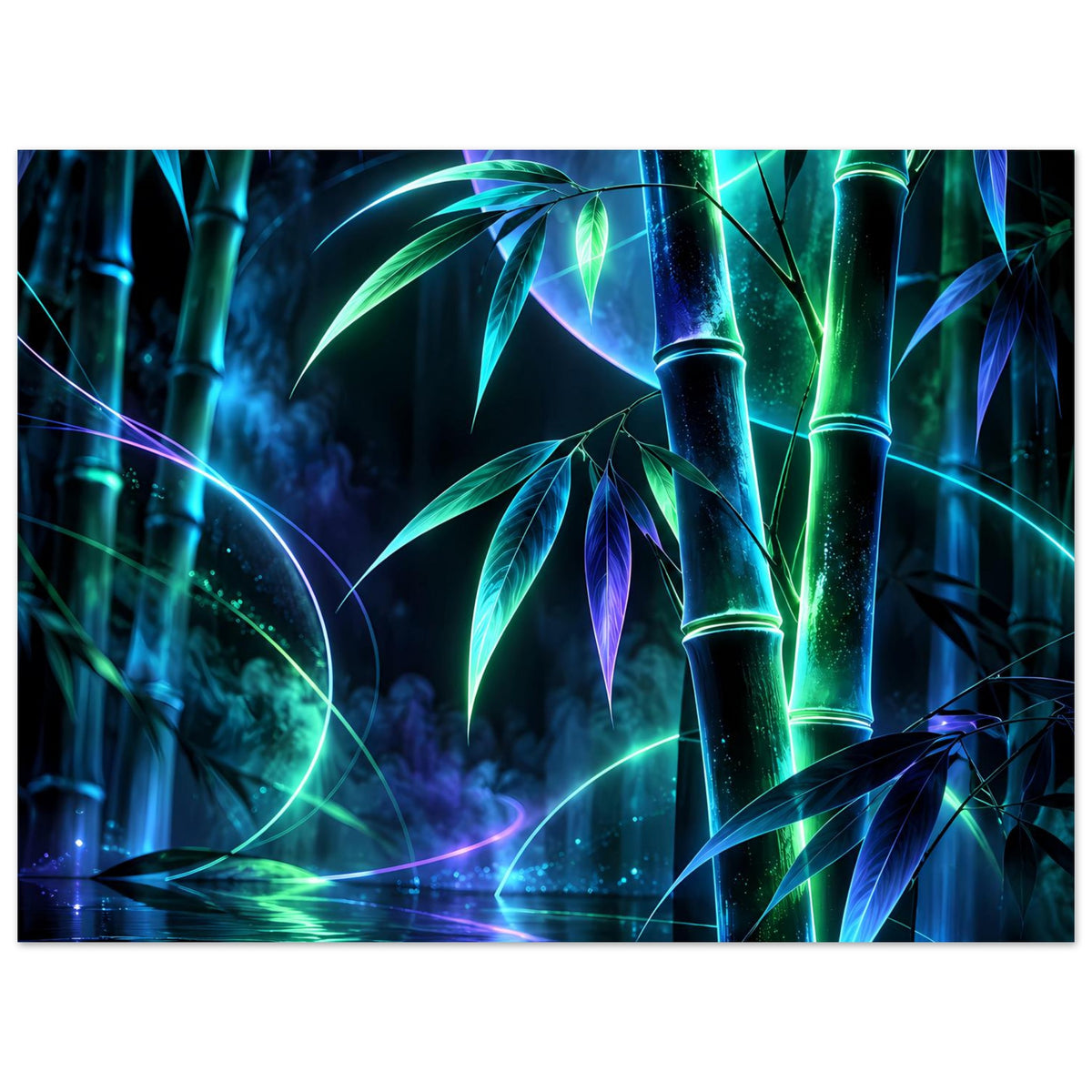 Leuchtendes Neon-Bambusposter mit leuchtenden Kreisen, grünen Bambusstäben und violettem Lichtbogen