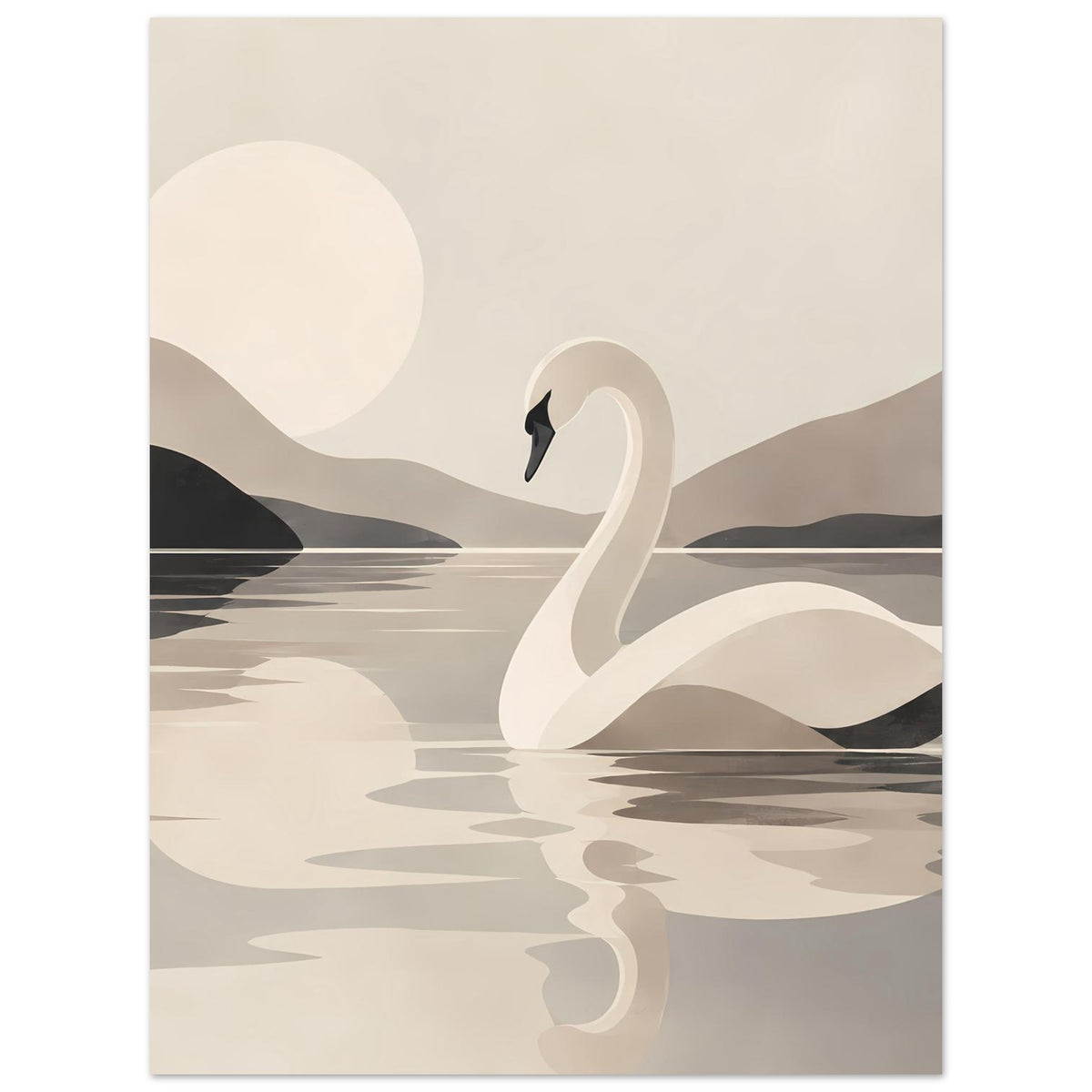 Kunstposter mit Schwan und Wasserreflexion, harmonische Beige- und Grautöne