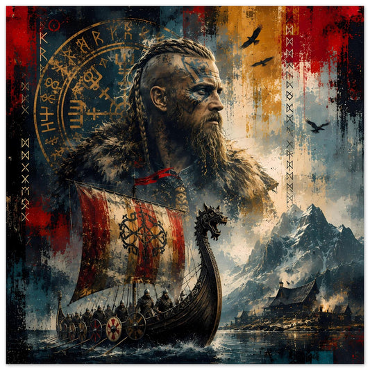 Wikingersaga-Poster: Bartmann mit Fellumhang und Banner, Langschiff auf Wasser