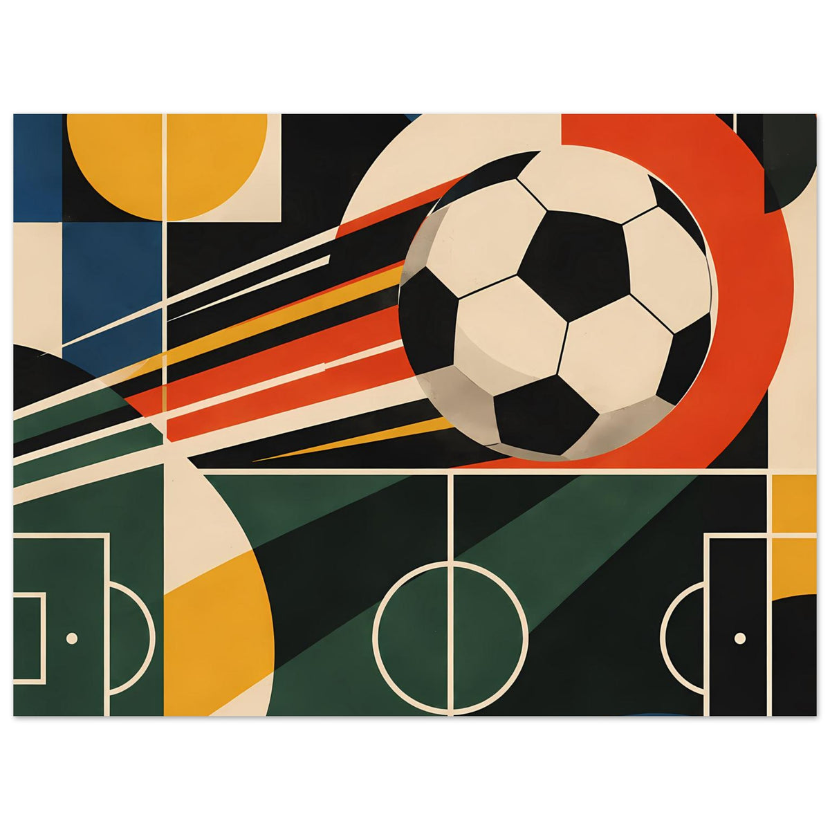 Abstraktes Fußballposter mit Fußball, Torrahmen und farbigen Flächen