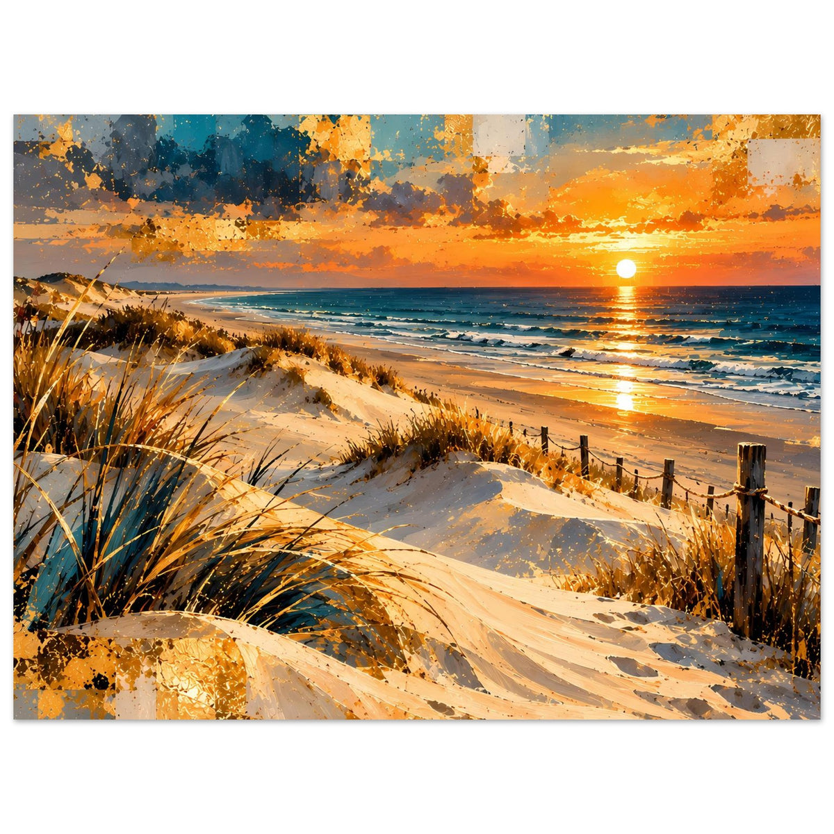Sonnenuntergangs-Strandposter: goldene Lichtspur auf dem Wasser, Dünen mit Strandgras, Zaun