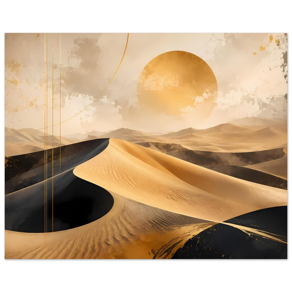 Wüstenlandschafts-Poster mit goldenen Dünen, dunklen Bereichen und großer Sonnenscheibe