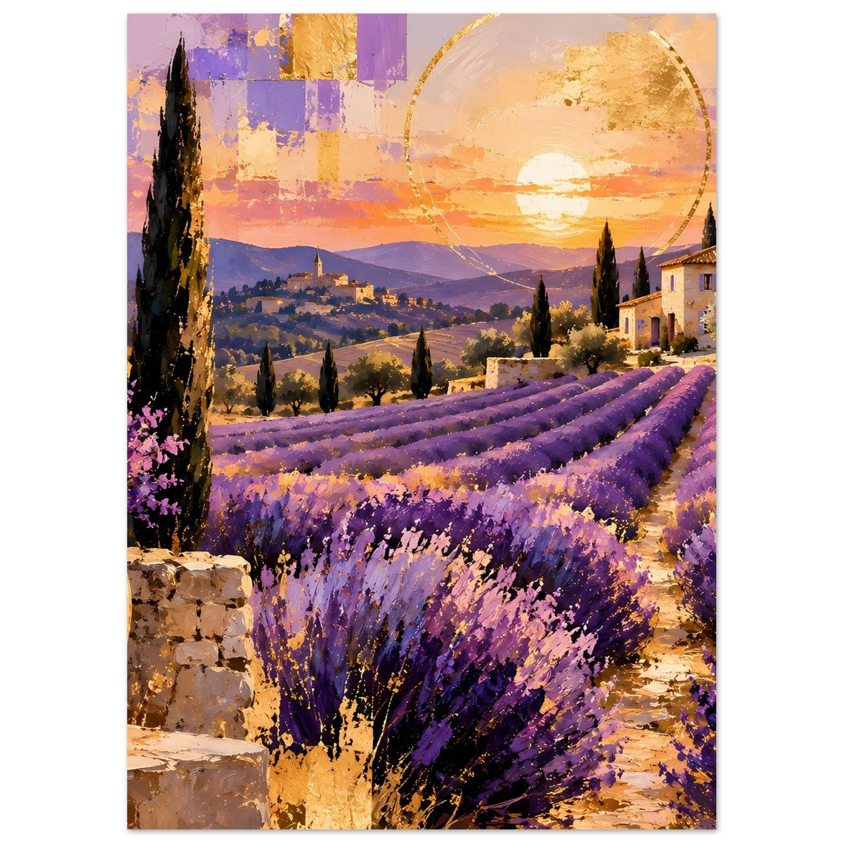 Poster: Lavendelfeld im Sonnenuntergang, goldene Sonne, Steine und Zypressen