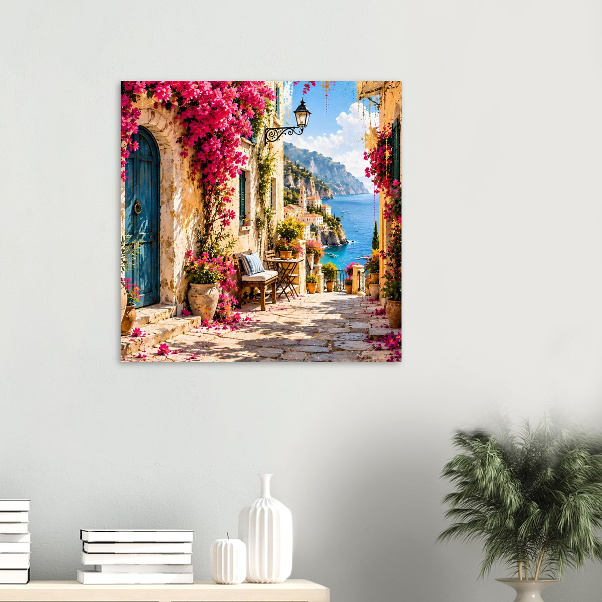 Mediterranean Escape-Poster: Gasse am Meer mit bunten Blüten, türkisfarbener Tür