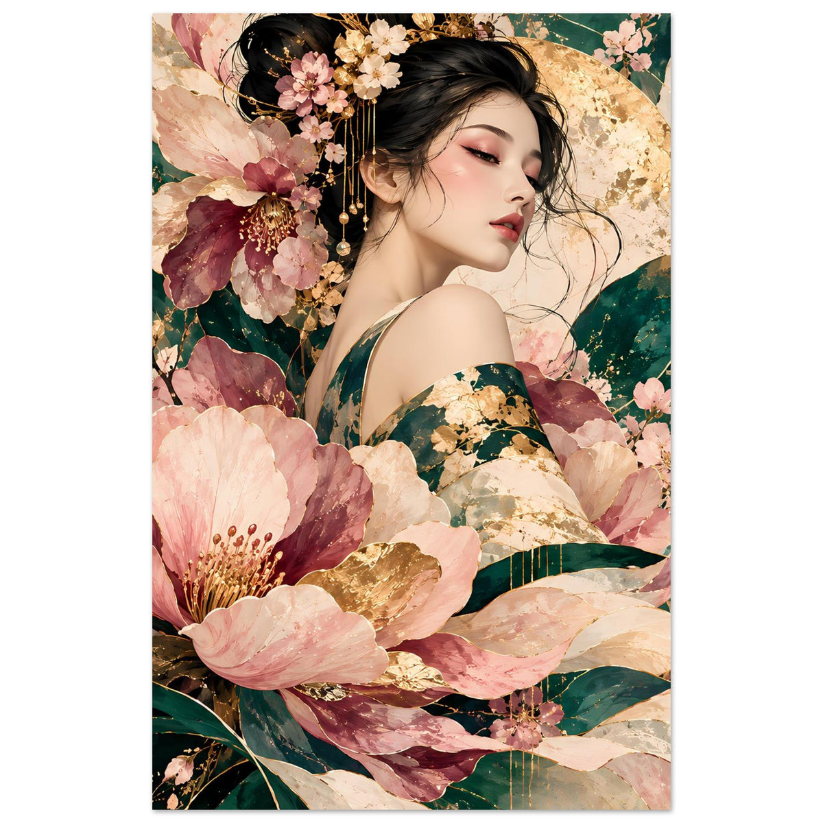 Vertikales Poster mit Frauenporträt zwischen roséfarbenen Blüten und Goldakzenten