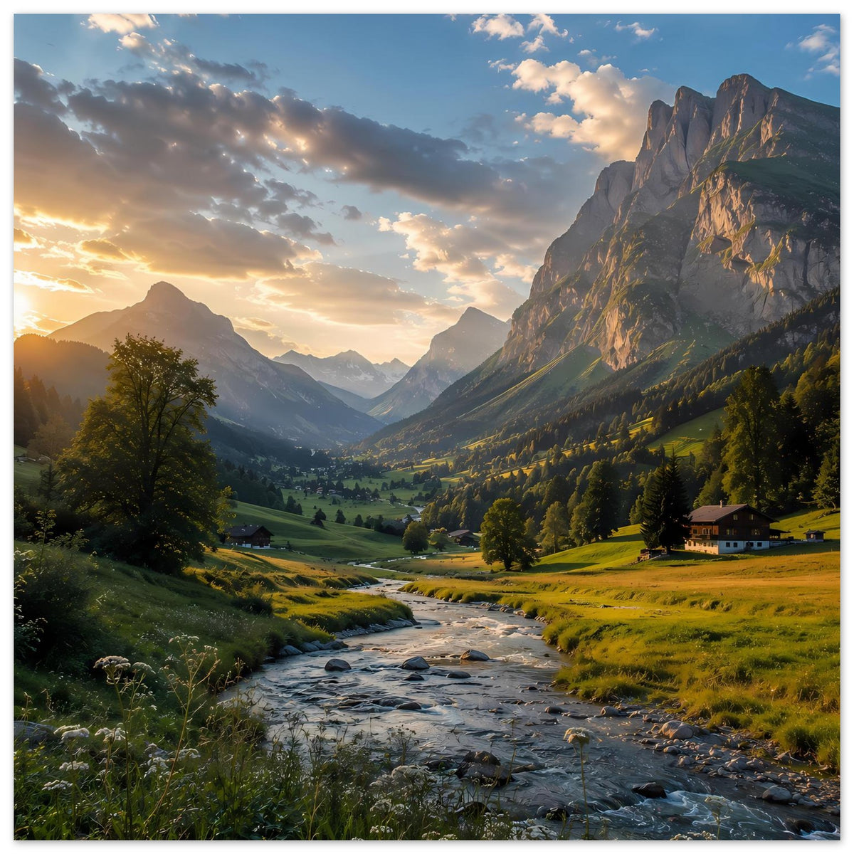 Quadratisches Poster mit Alpenfluss, grünen Wiesen und warmem Abendhimmel