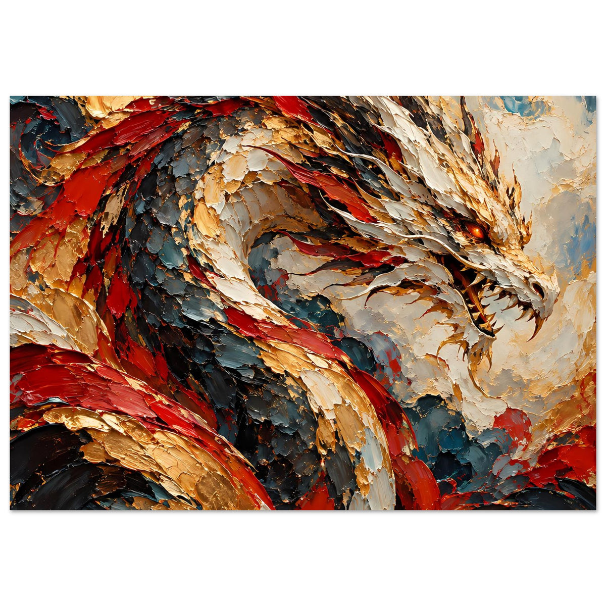Fantasy-Poster mit Drachenflügeln und Kopf, Rot, Gold und Blau mit gemalten Kanten