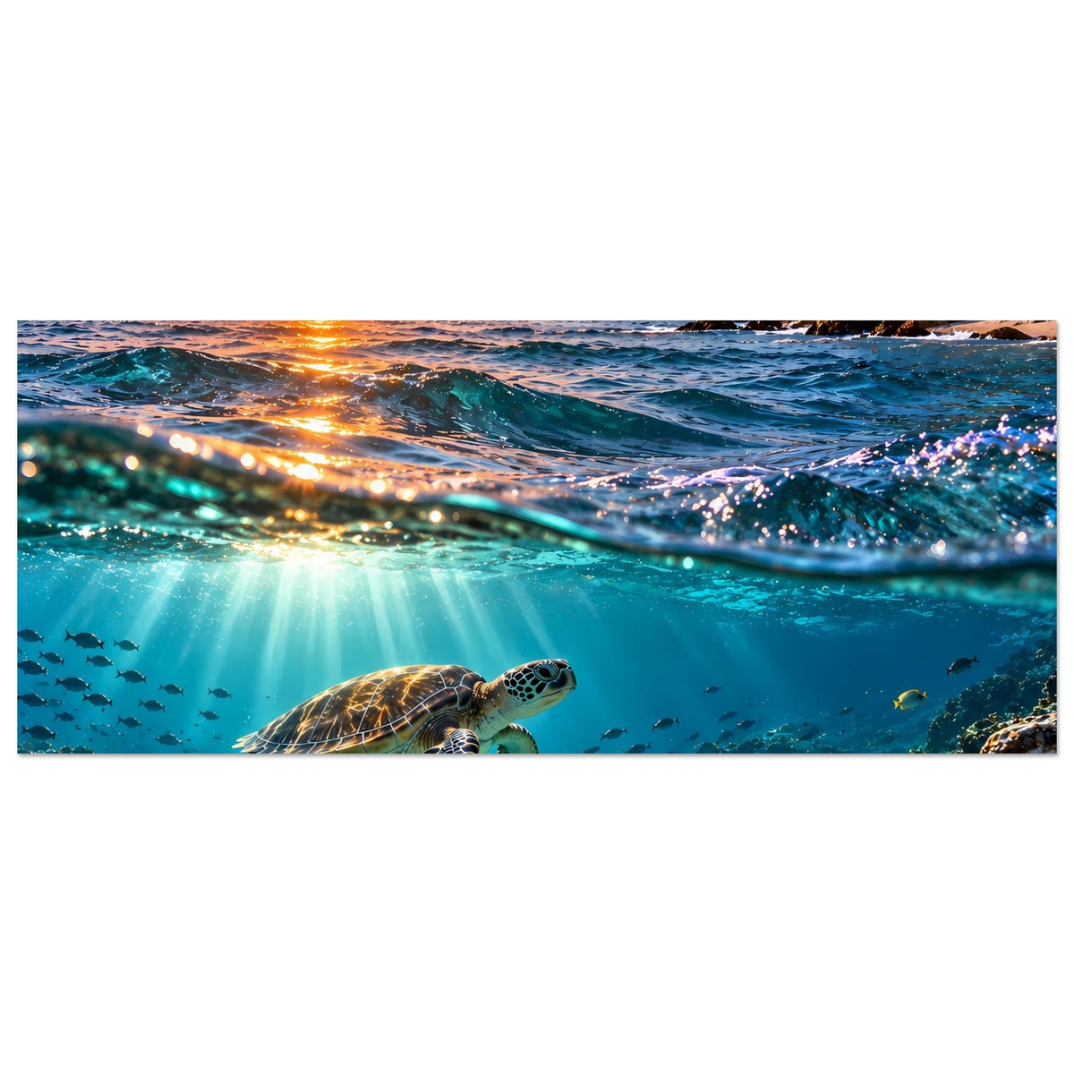 Langes Wandposter im Querformat: Sonnenuntergang über dem Ozean mit Schildkröte