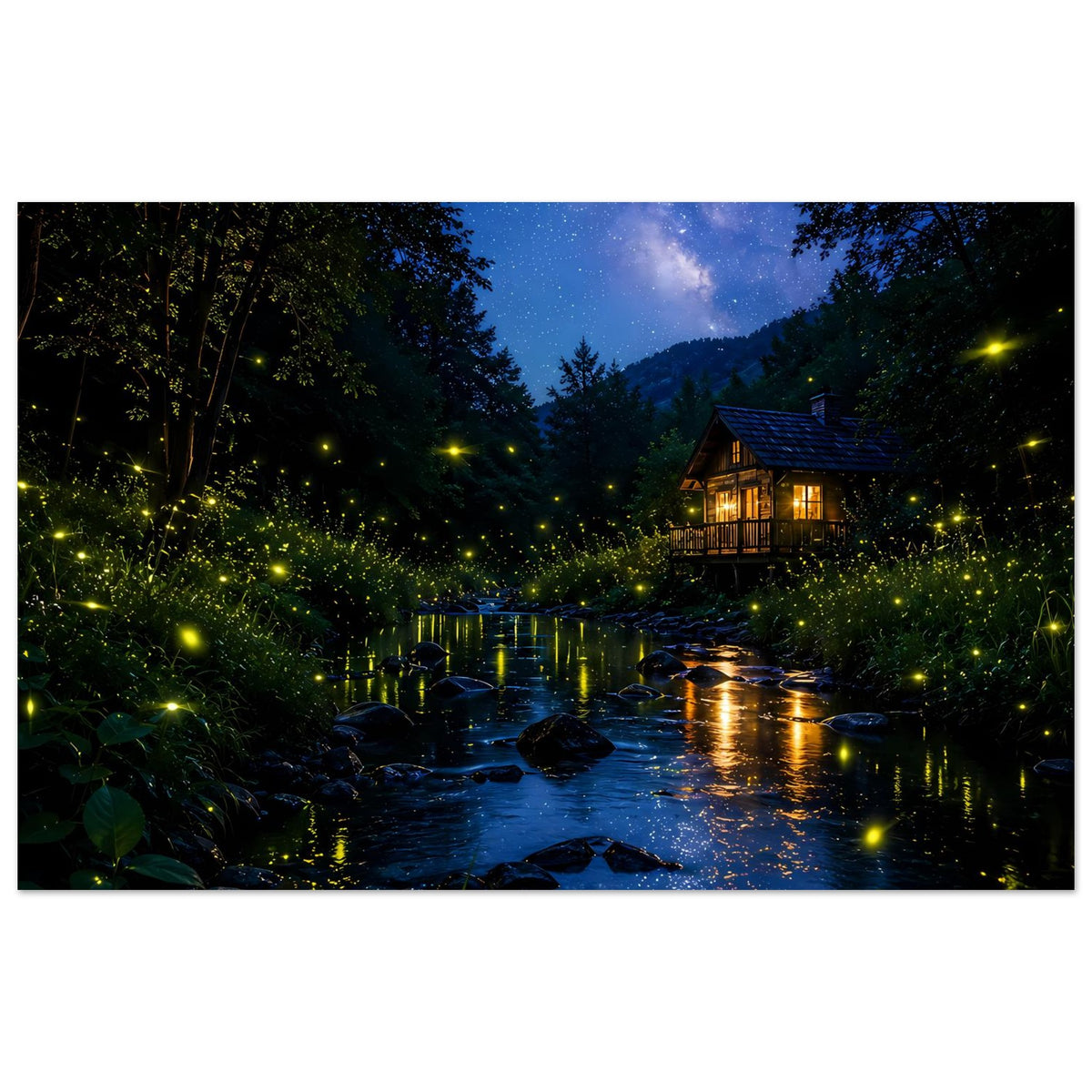 Poster mit nächtlichem Waldbach, beleuchteter Hütte und leuchtenden Glühwürmchen