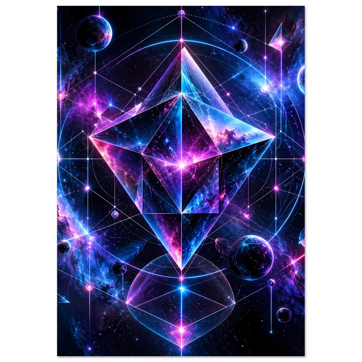 Hochformat-Poster mit kosmischem Geometrie-Design: Diamantstern, Planetenkugeln und leuchtende Linien