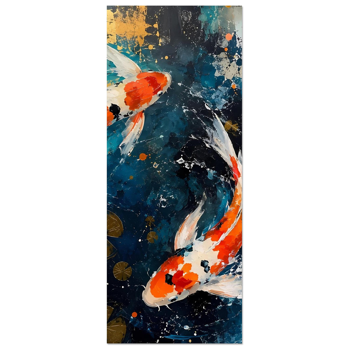 Abstraktes Koi-Poster im Hochformat mit zwei Fischen, orange-weiße Flossen im Wirbel