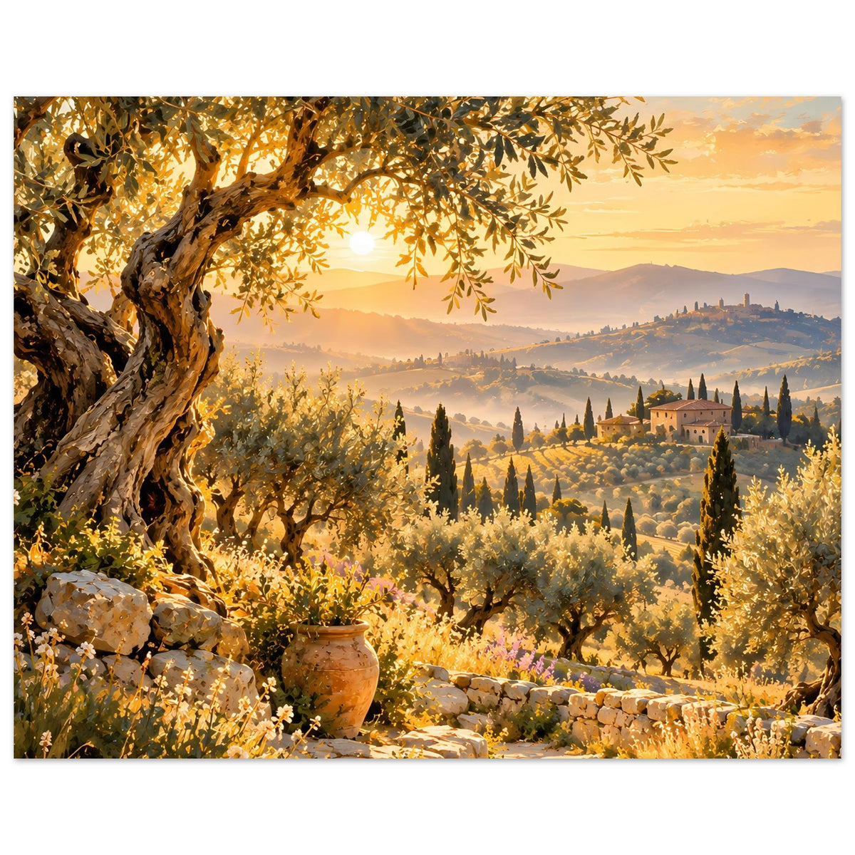 Horizontales Poster mit mediterranem Sonnenlicht: Olivenbaum, Steinmauer, Zypressenhänge