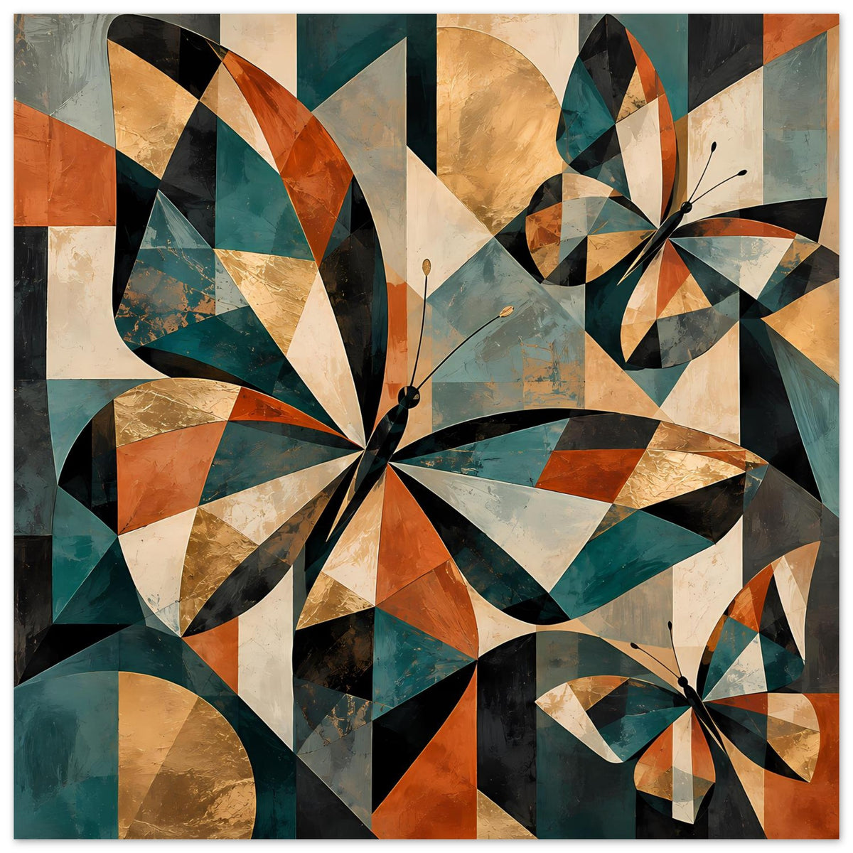 Gerahmtes Kunstposter: geometrische Schmetterlinge in warmen Erdtönen, schwarz, türkis und gold