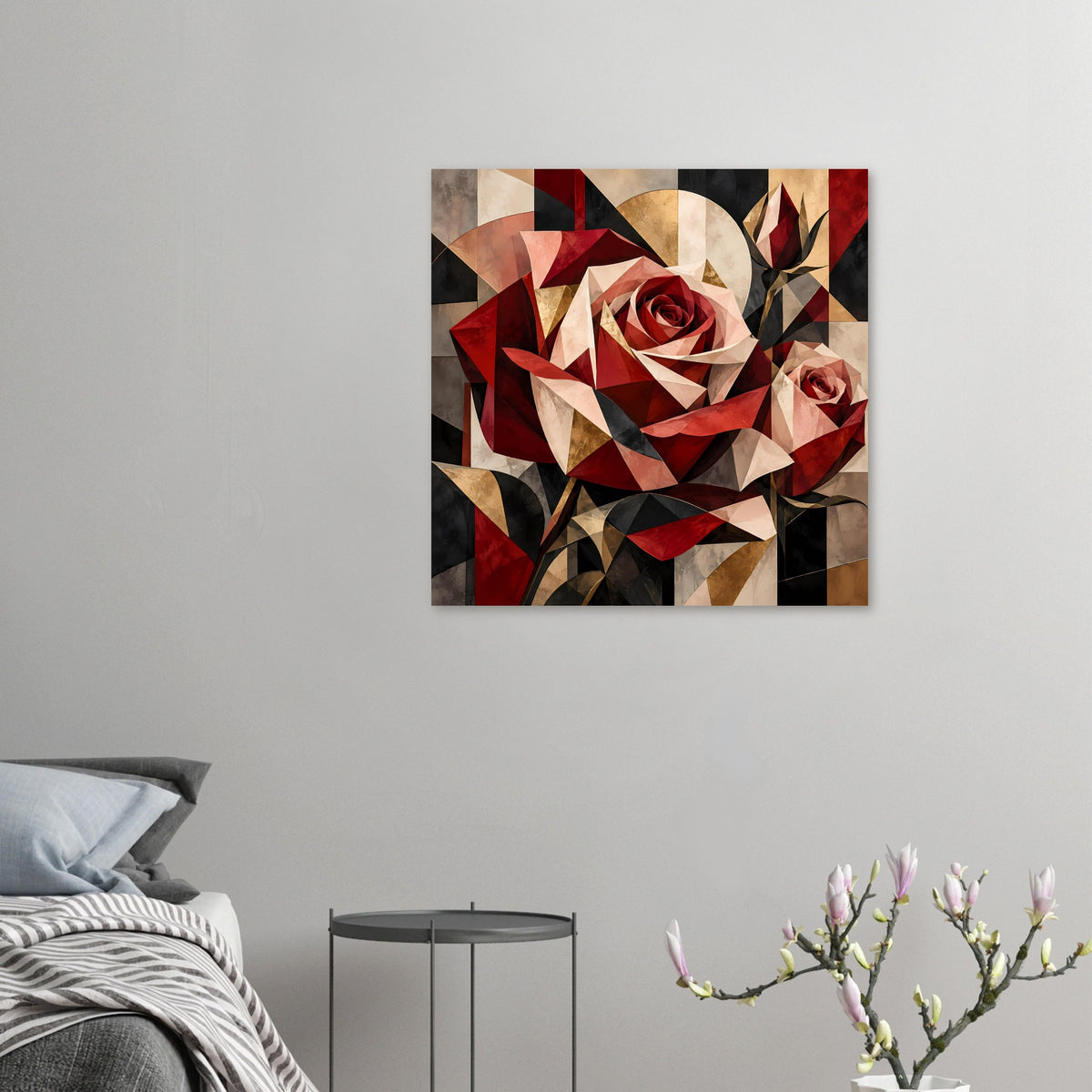 Blumenposter mit geometrischer Rose in Rot, Gold und Beige, quadratischer Ausschnitt