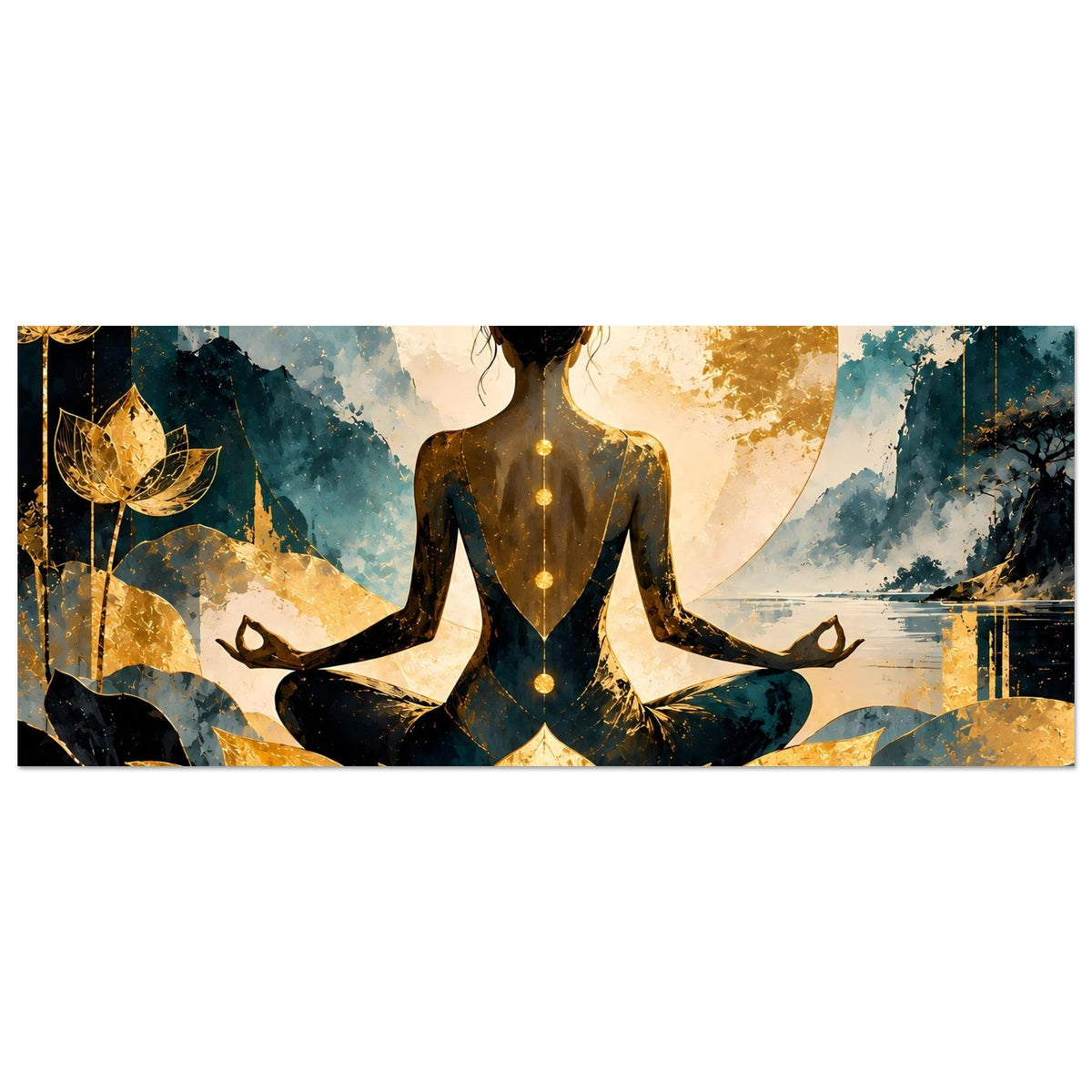 Horizontales Lotus-Frau-Poster mit Meditationshaltung, goldener Sonne im Kreis und Wasserreflex