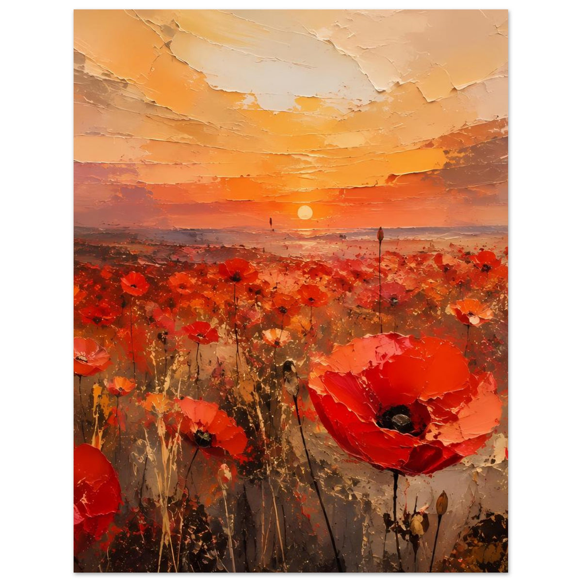 Vertikales Wandposter mit roten Mohnblüten vor warmem orangefarbenen Himmel