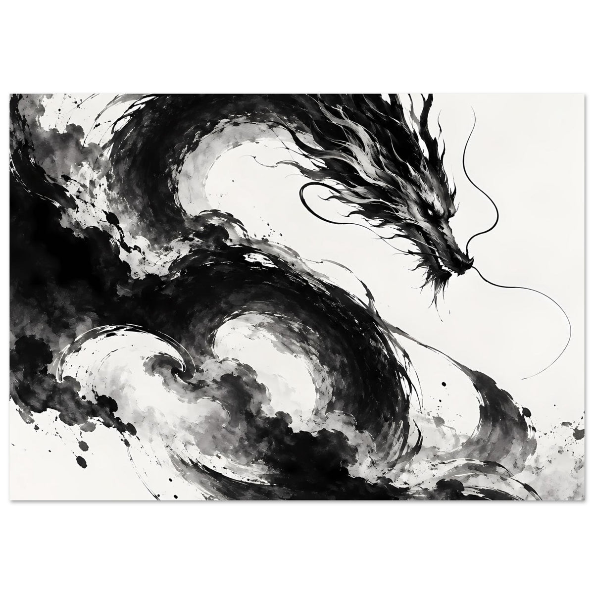 Poster mit schwarz-weißer Drachenillustration, dynamische Pinselstriche und Rauchspuren