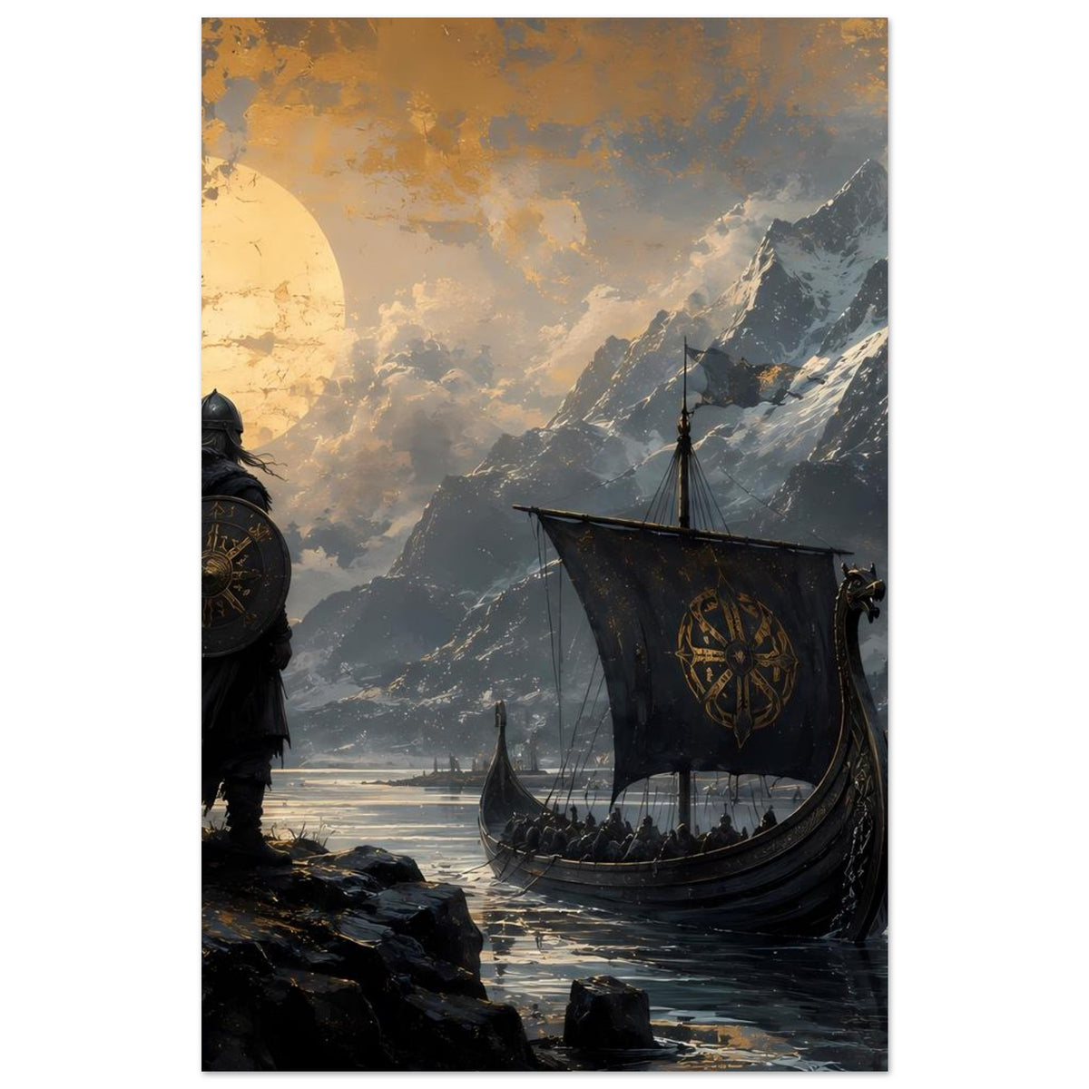 Wikinger-Poster, naher Ausschnitt: Krieger links, Drachenboot mittig, Fjord und Berge